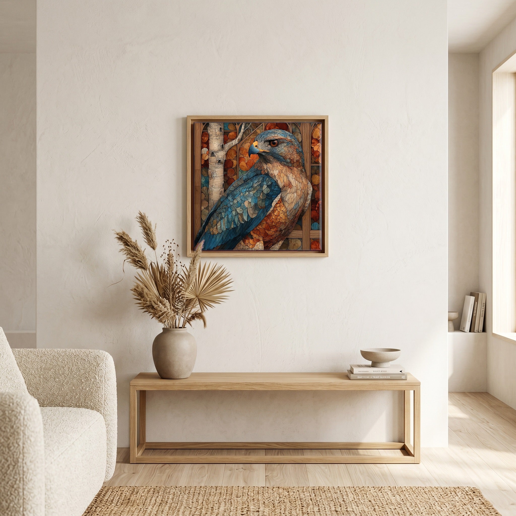 In the living room, above the sofa.