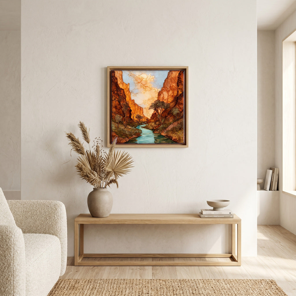 In the living room, above the sofa.