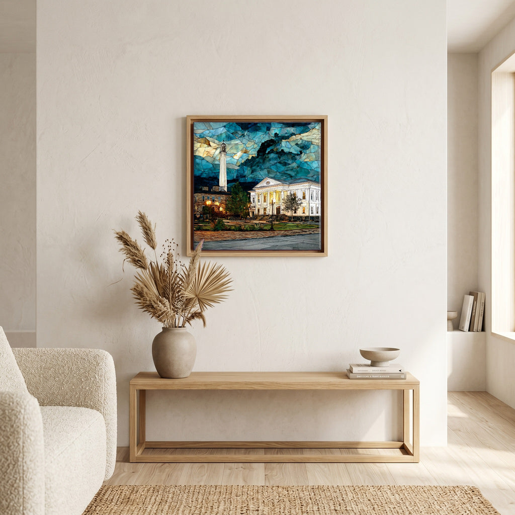 In the living room, above the sofa.
