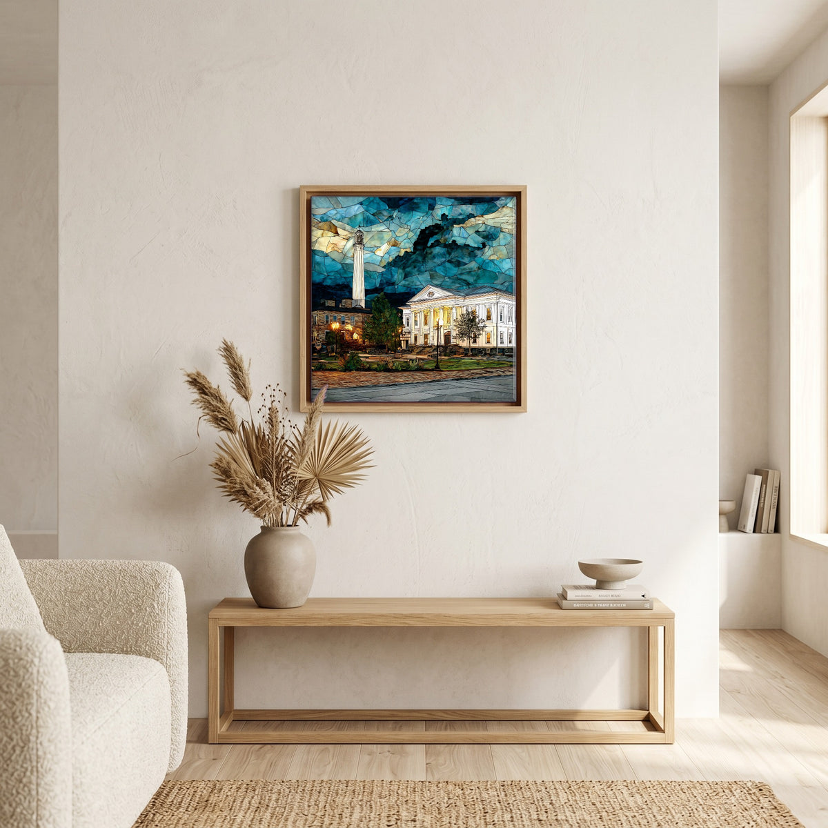 In the living room, above the sofa.