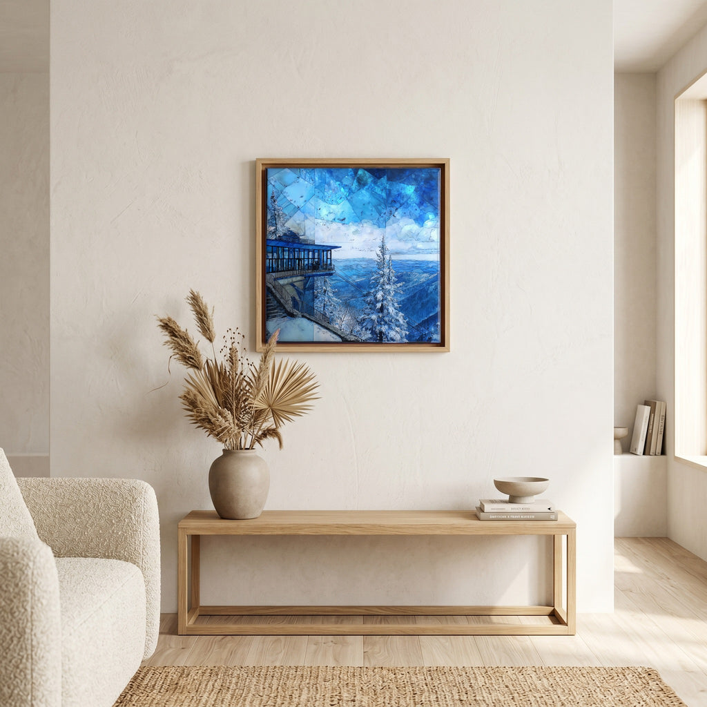 In the living room, above the sofa.