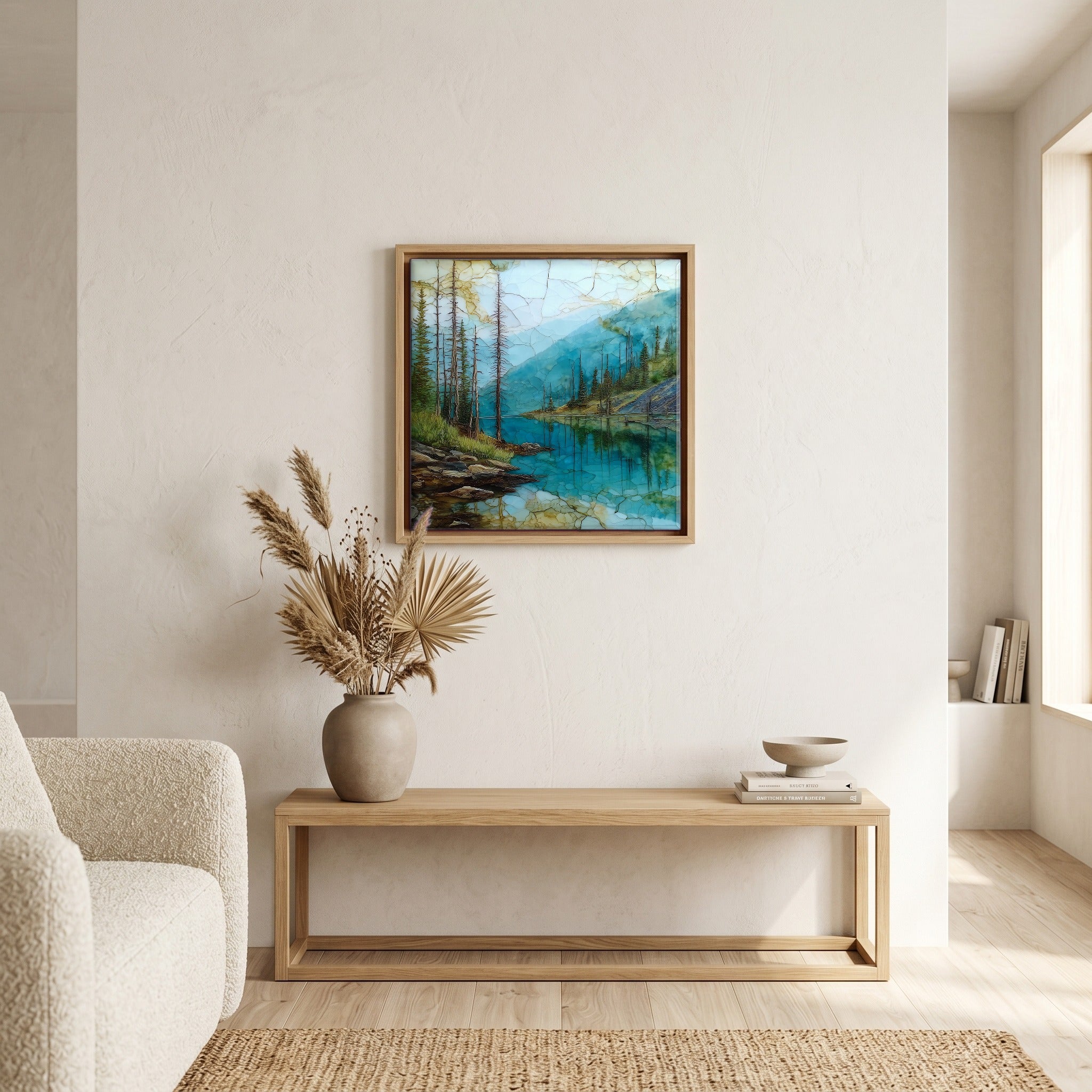 In the living room, above the sofa.
