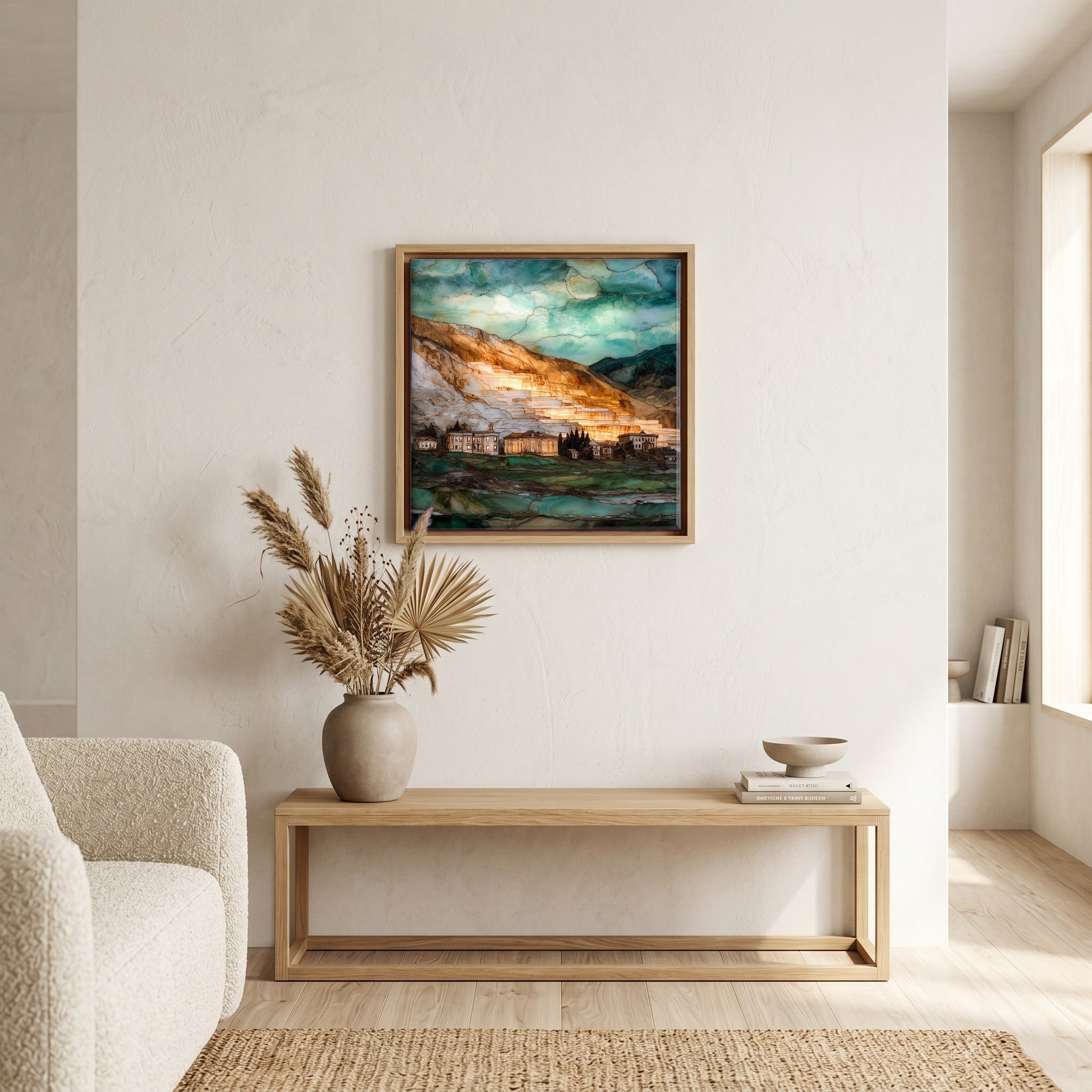 In the living room, above the sofa.
