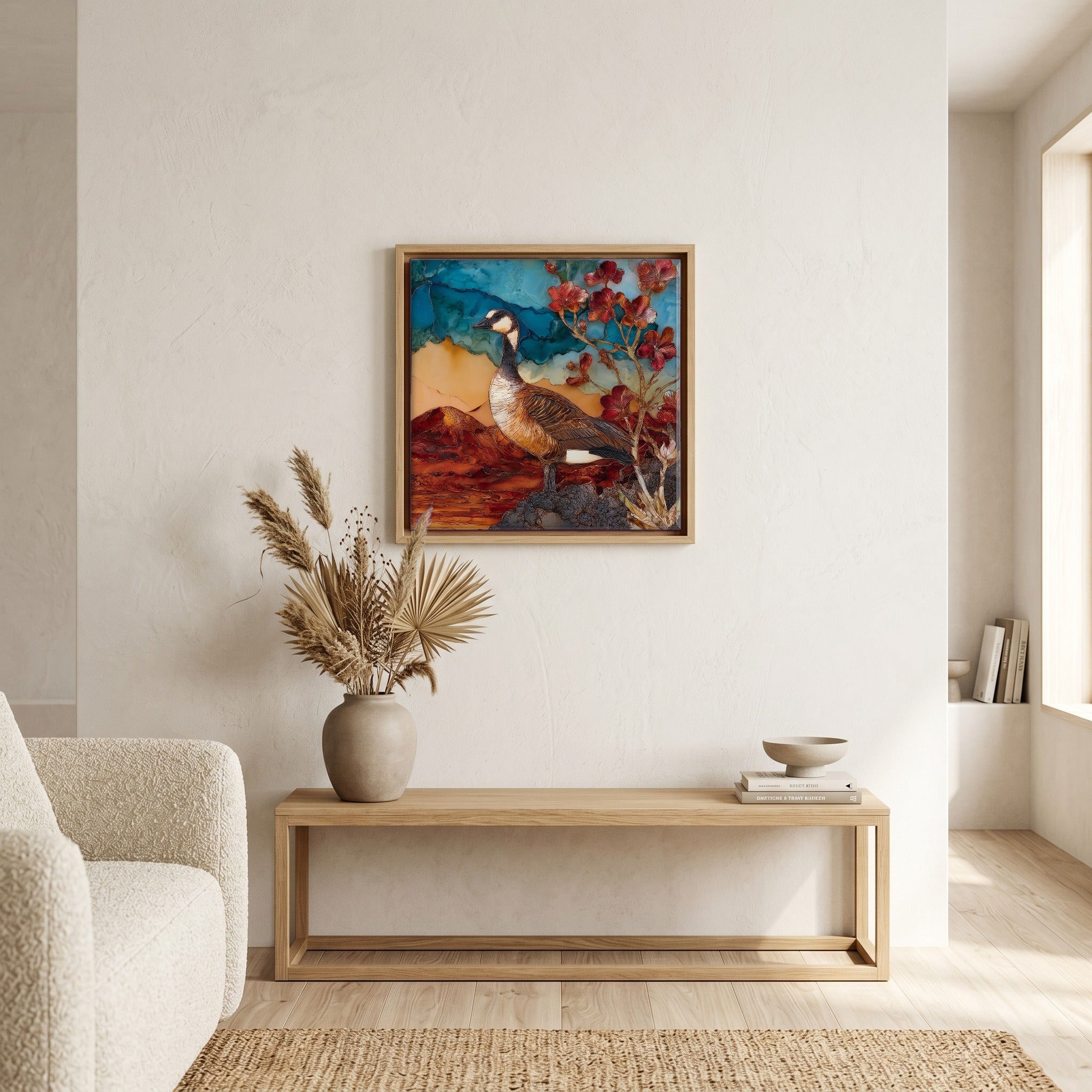 Above the bench, in a warm oak surround.