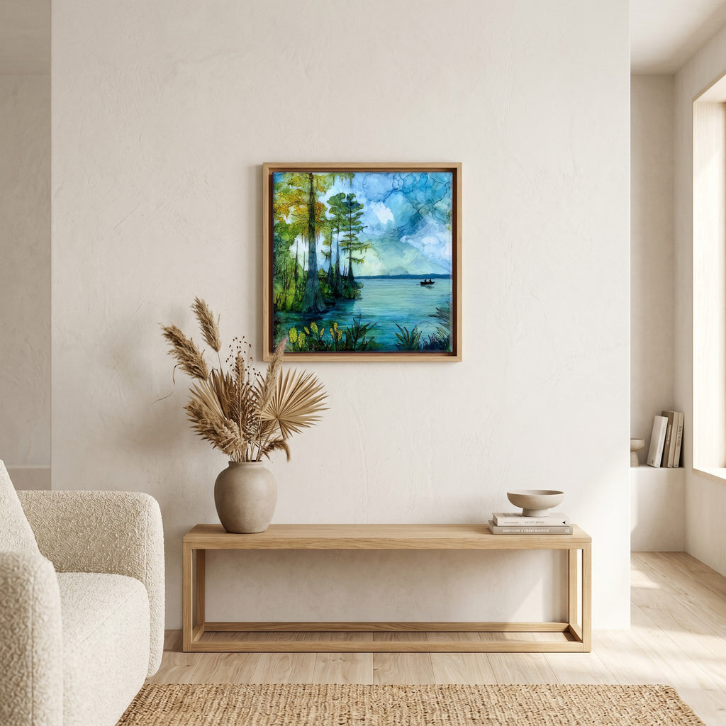 In the living room, above the sofa.