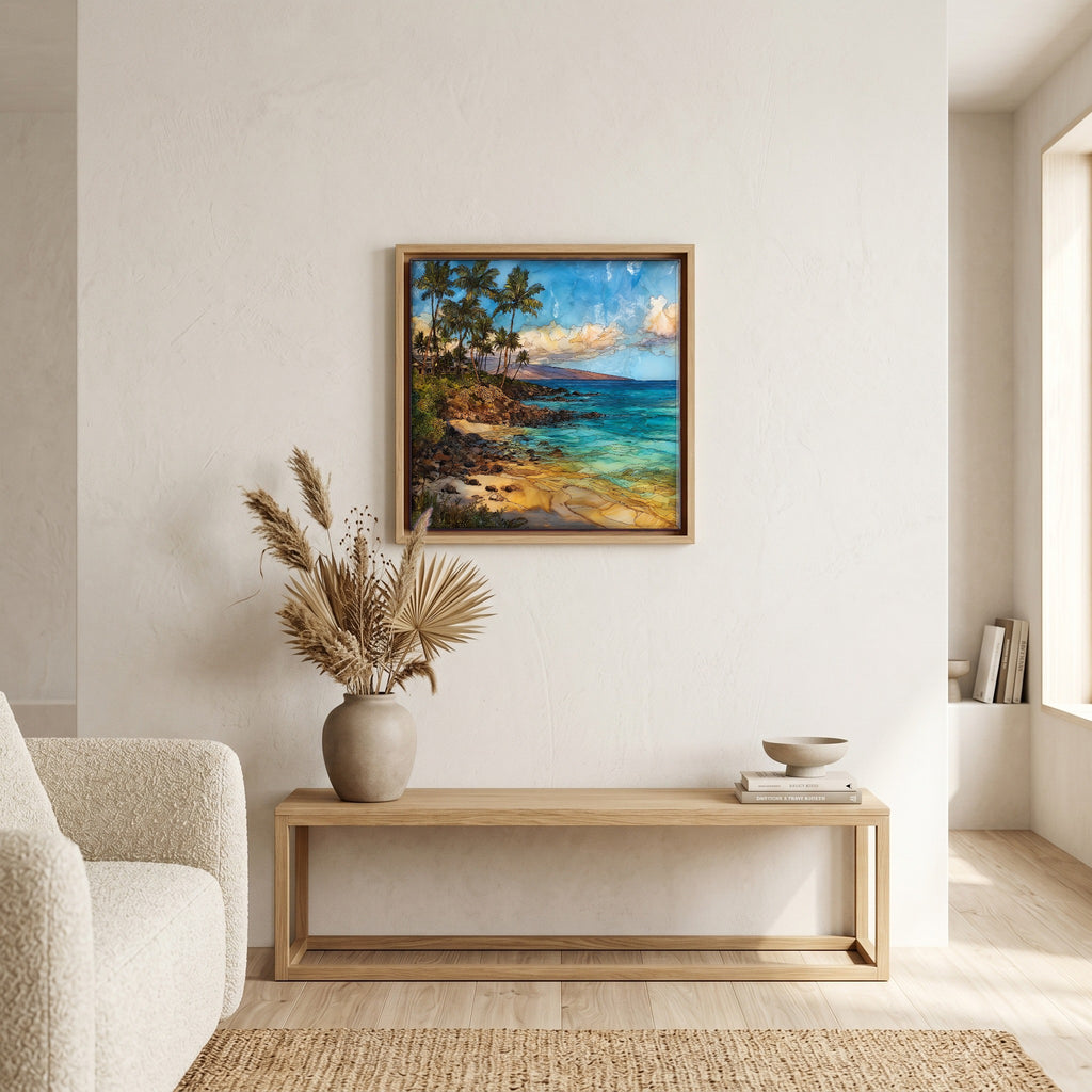 Above the bench, in a warm oak surround.