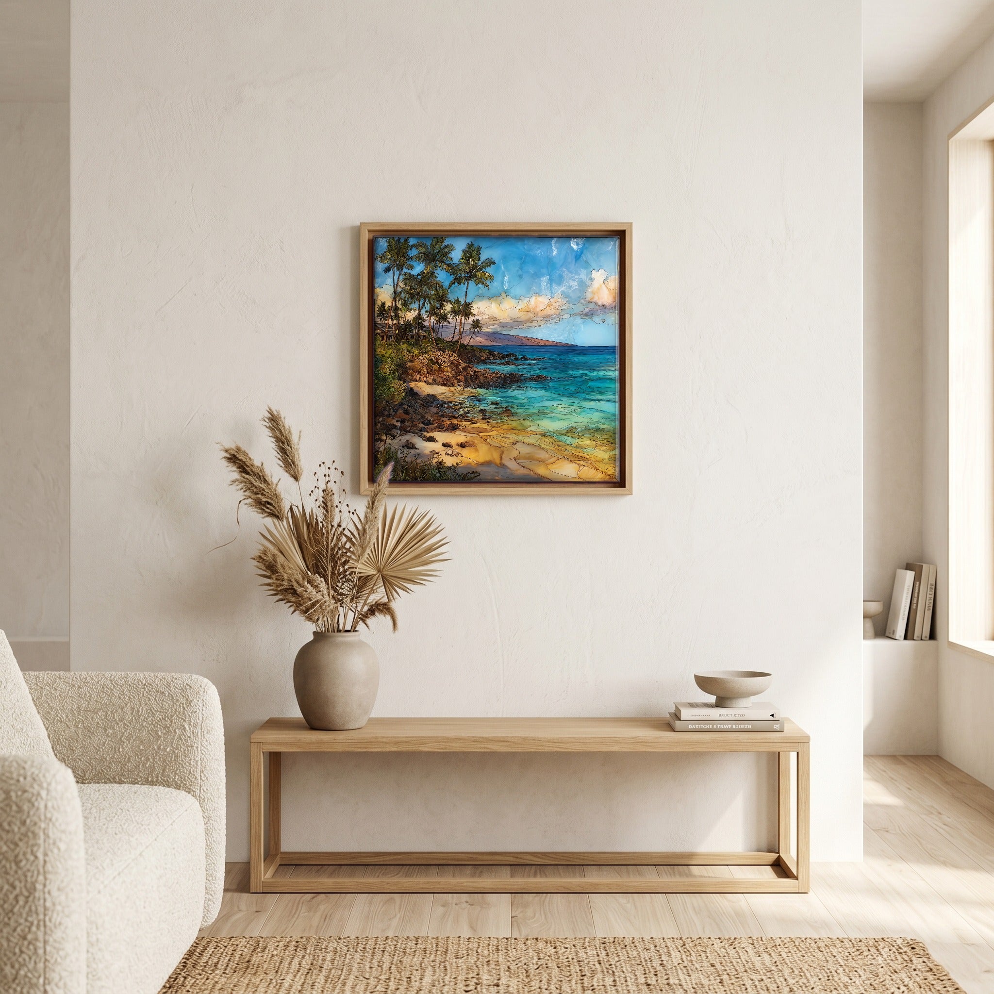 Above the bench, in a warm oak surround.