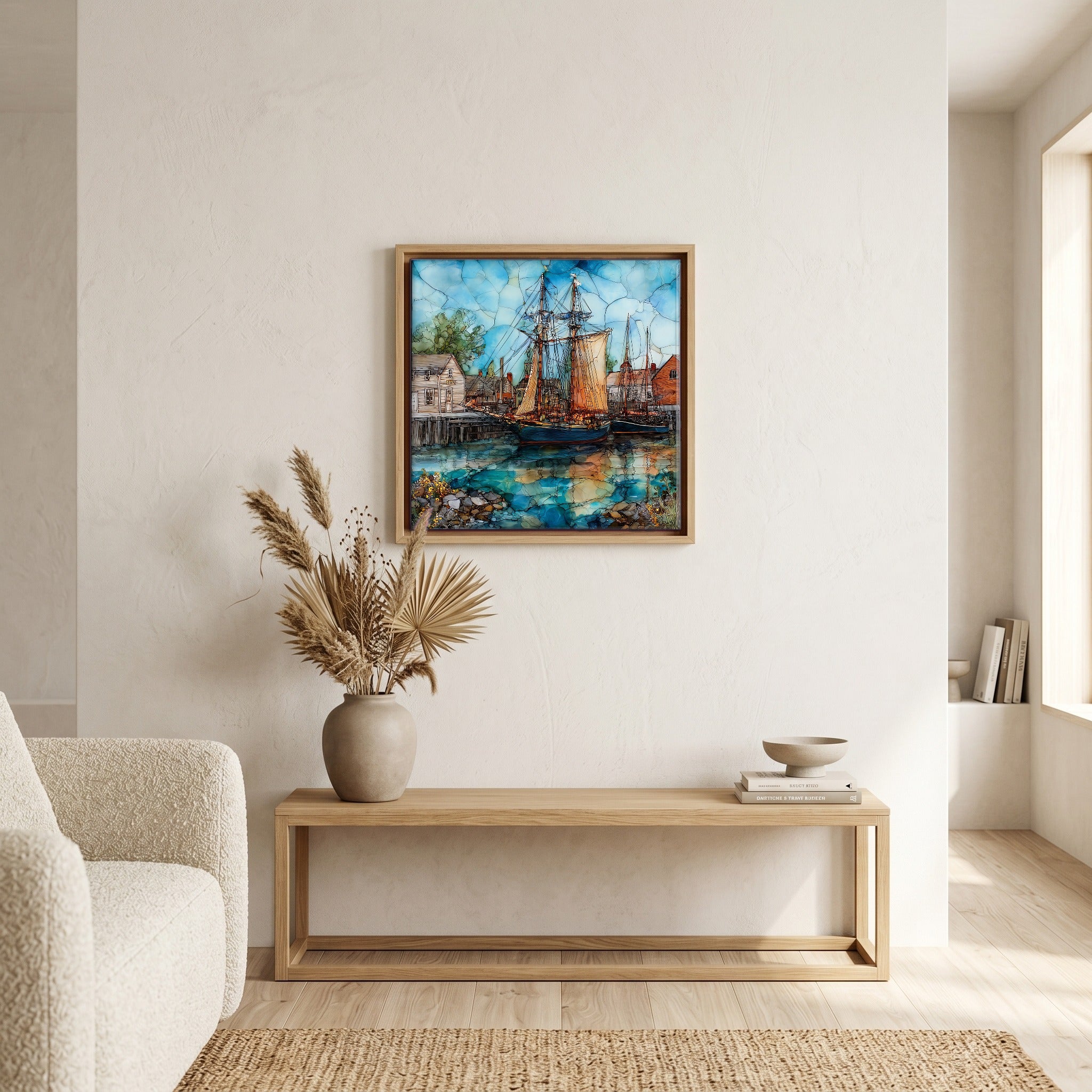 In the living room, above the sofa.