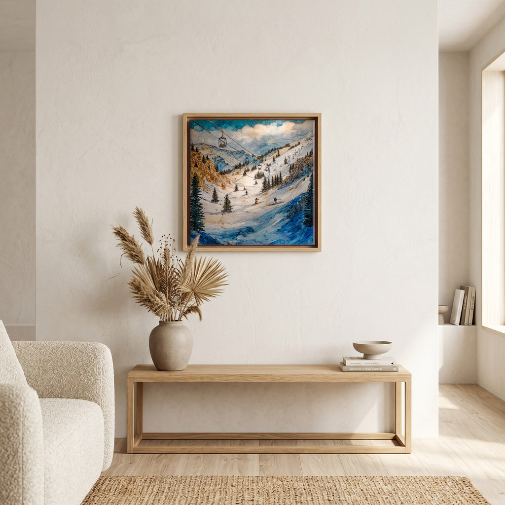 In the living room, above the sofa.