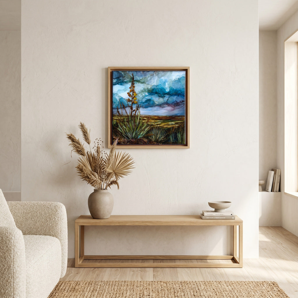 In the living room, above the sofa.