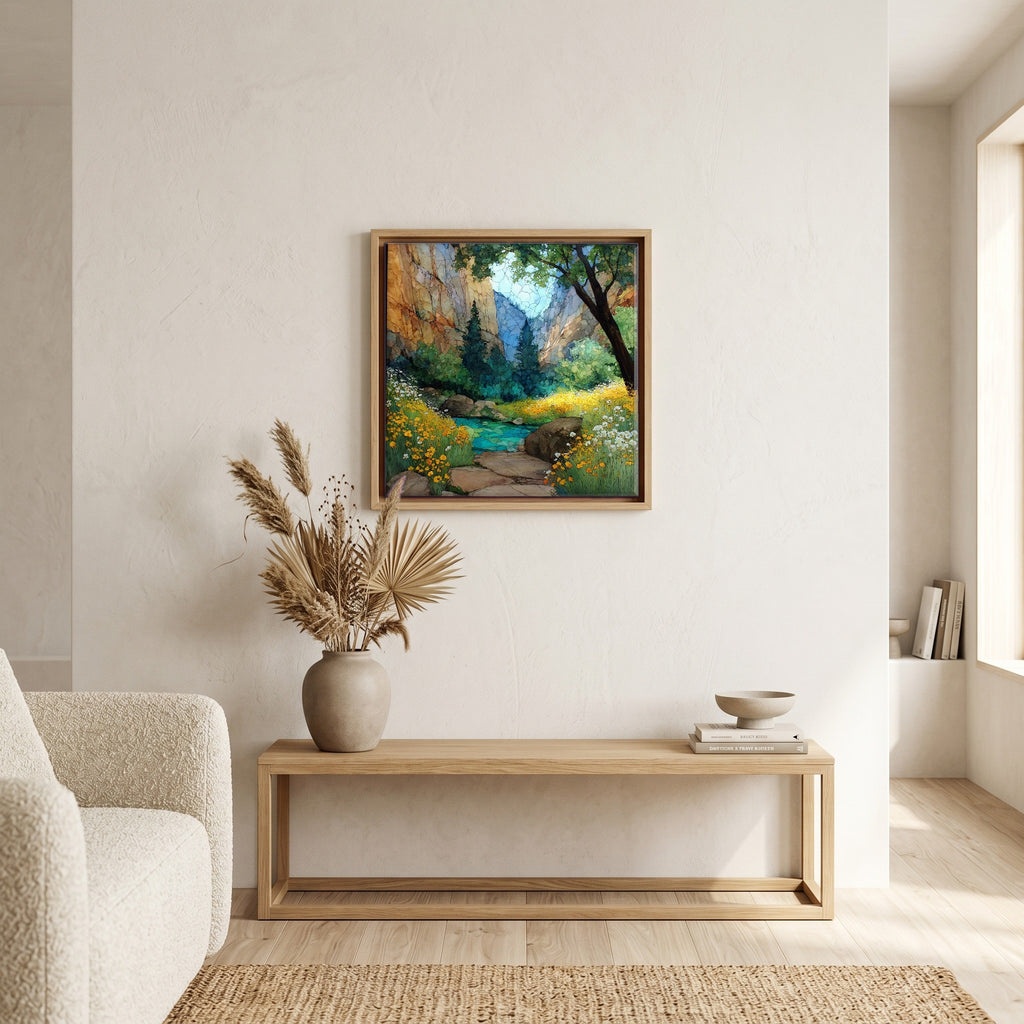 In the living room, above the sofa.