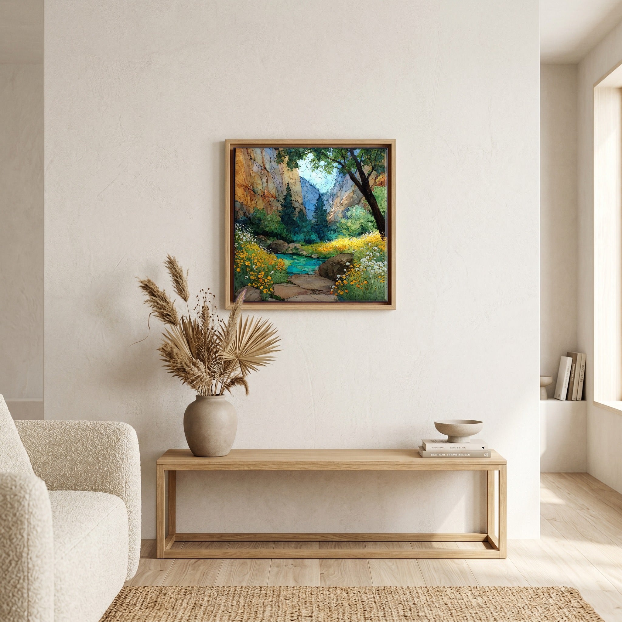 In the living room, above the sofa.
