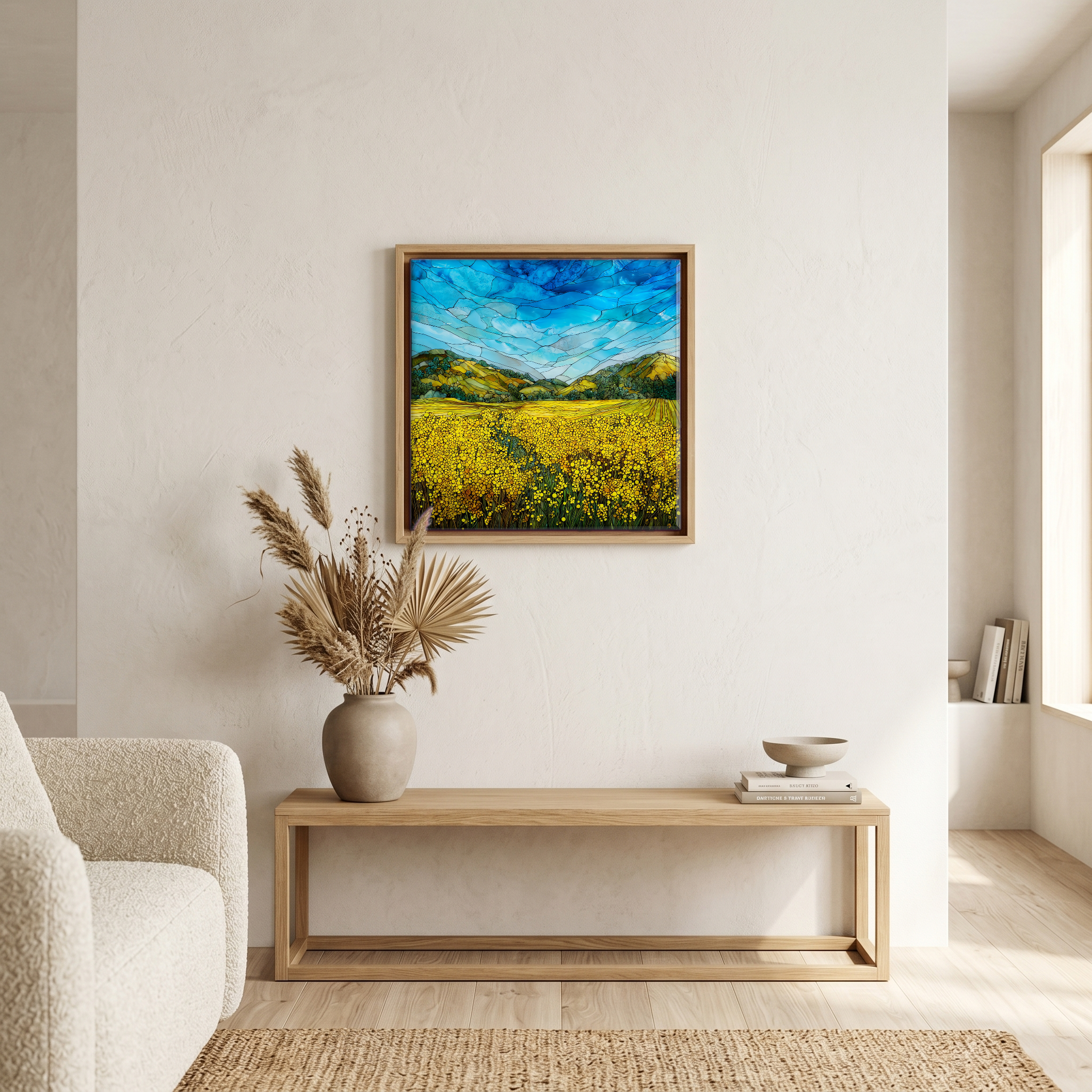 Above the bench, in a warm oak surround.