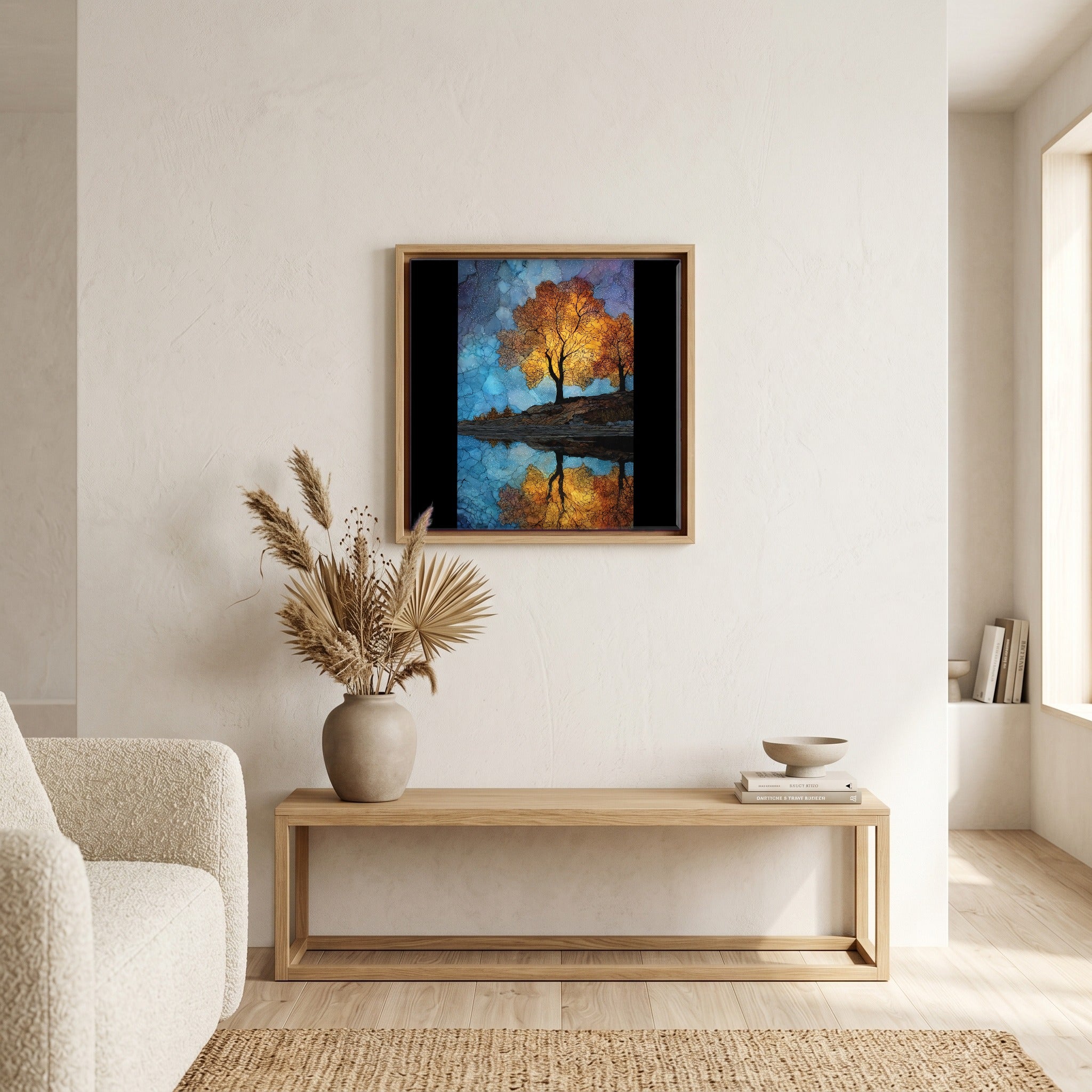 In the living room, above the sofa.