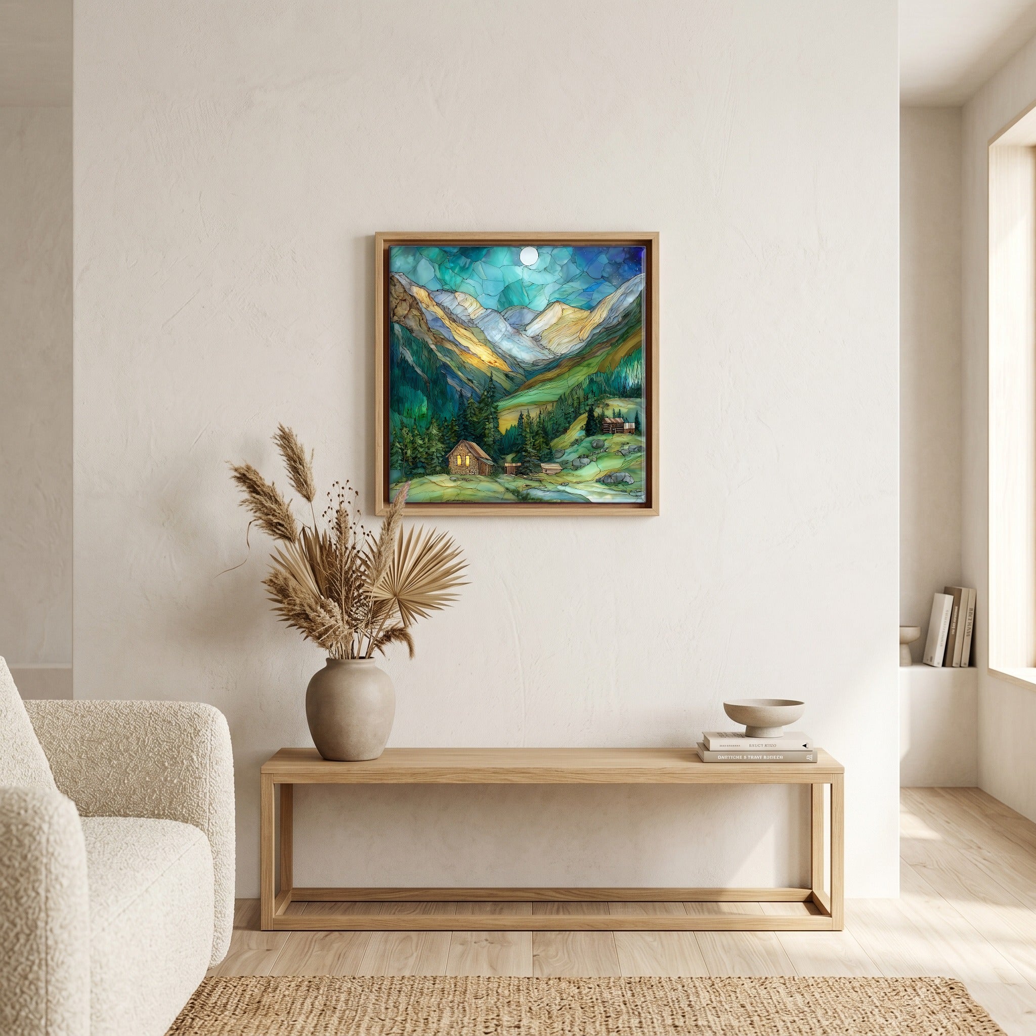 In the living room, above the sofa.