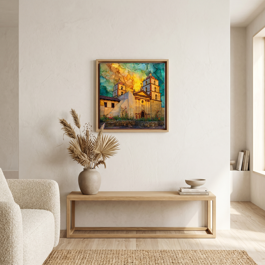 Above the bench, in a warm oak surround.