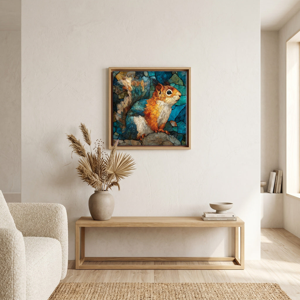 In the living room, above the sofa.