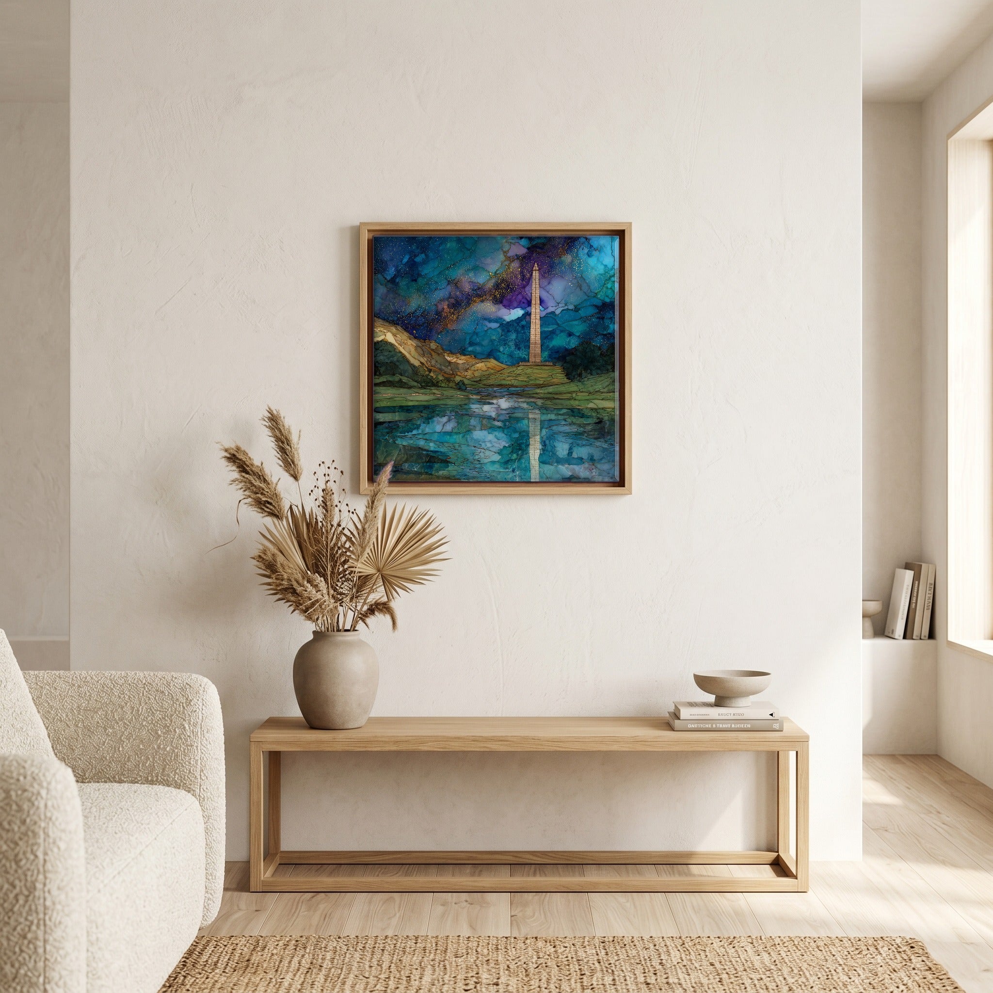 In the living room, above the sofa.