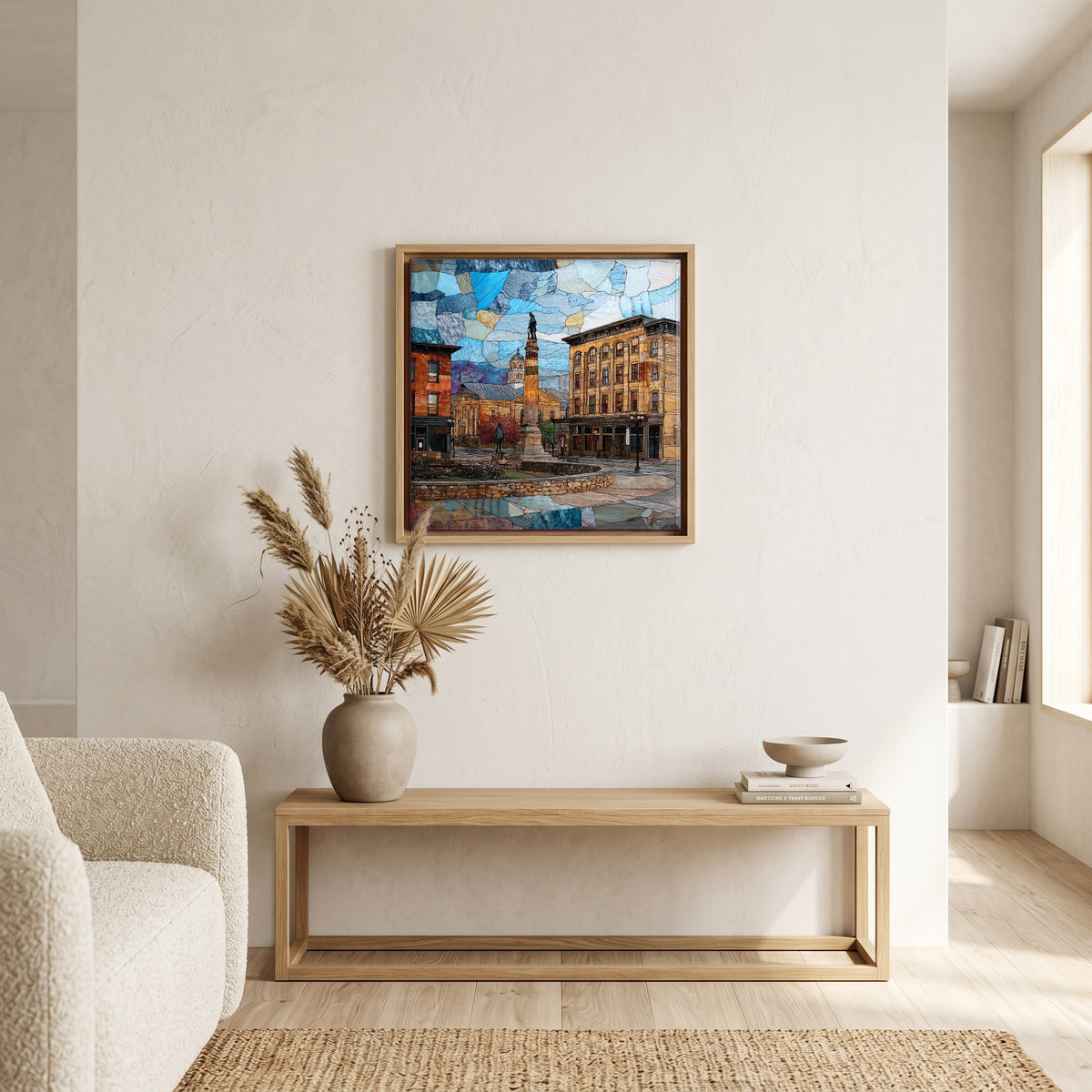 In the living room, above the sofa.