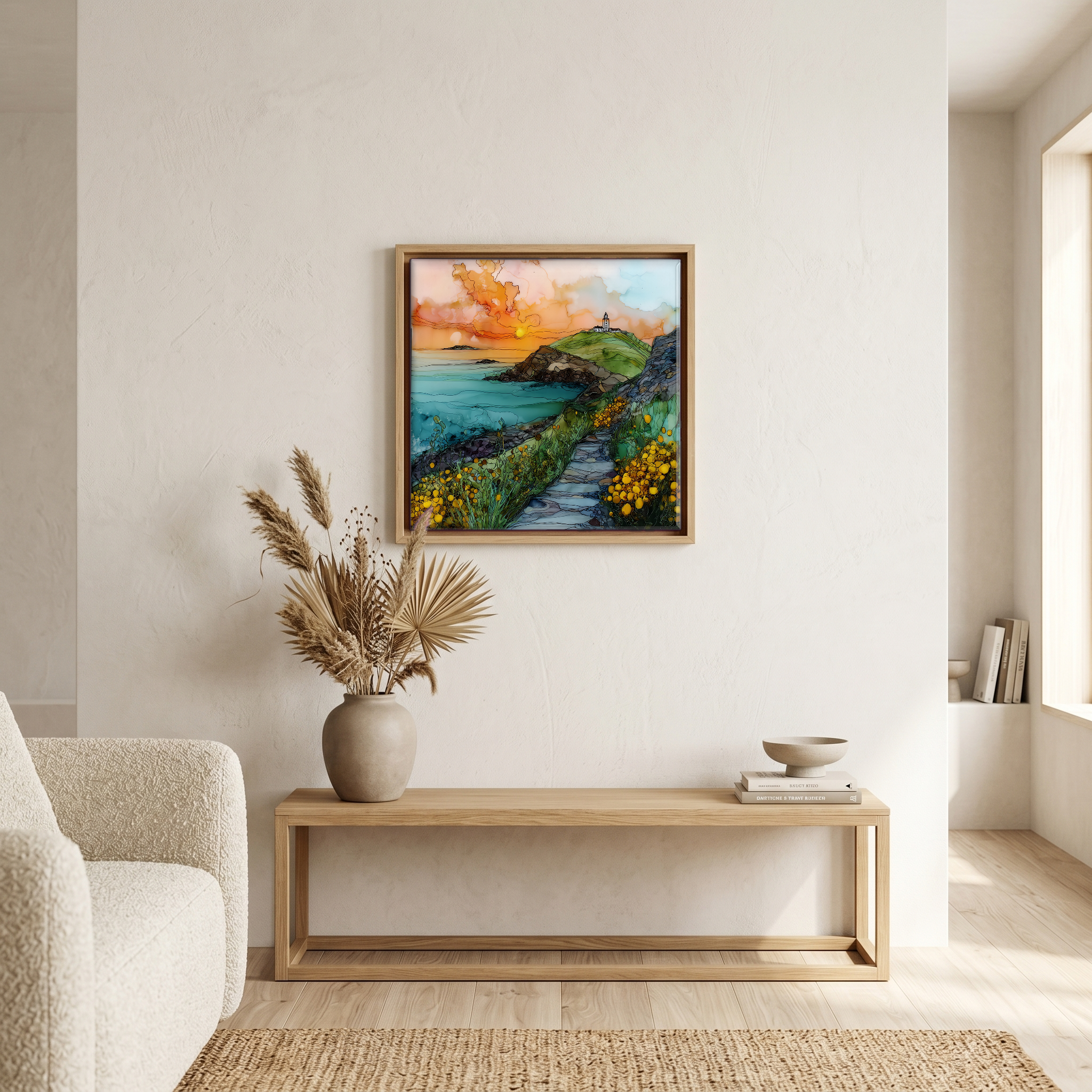 Above the bench, in a warm oak surround.