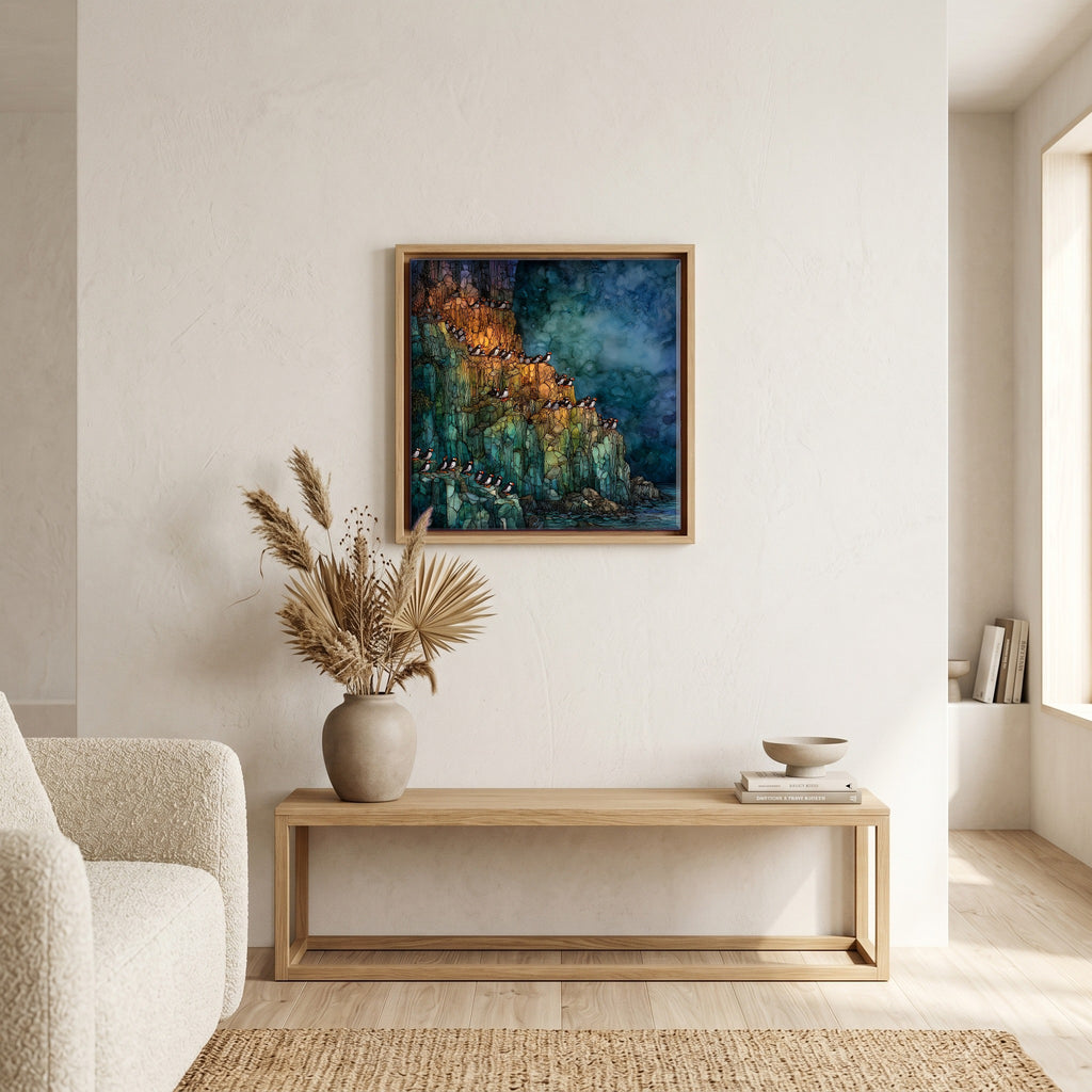 In the living room, above the sofa.