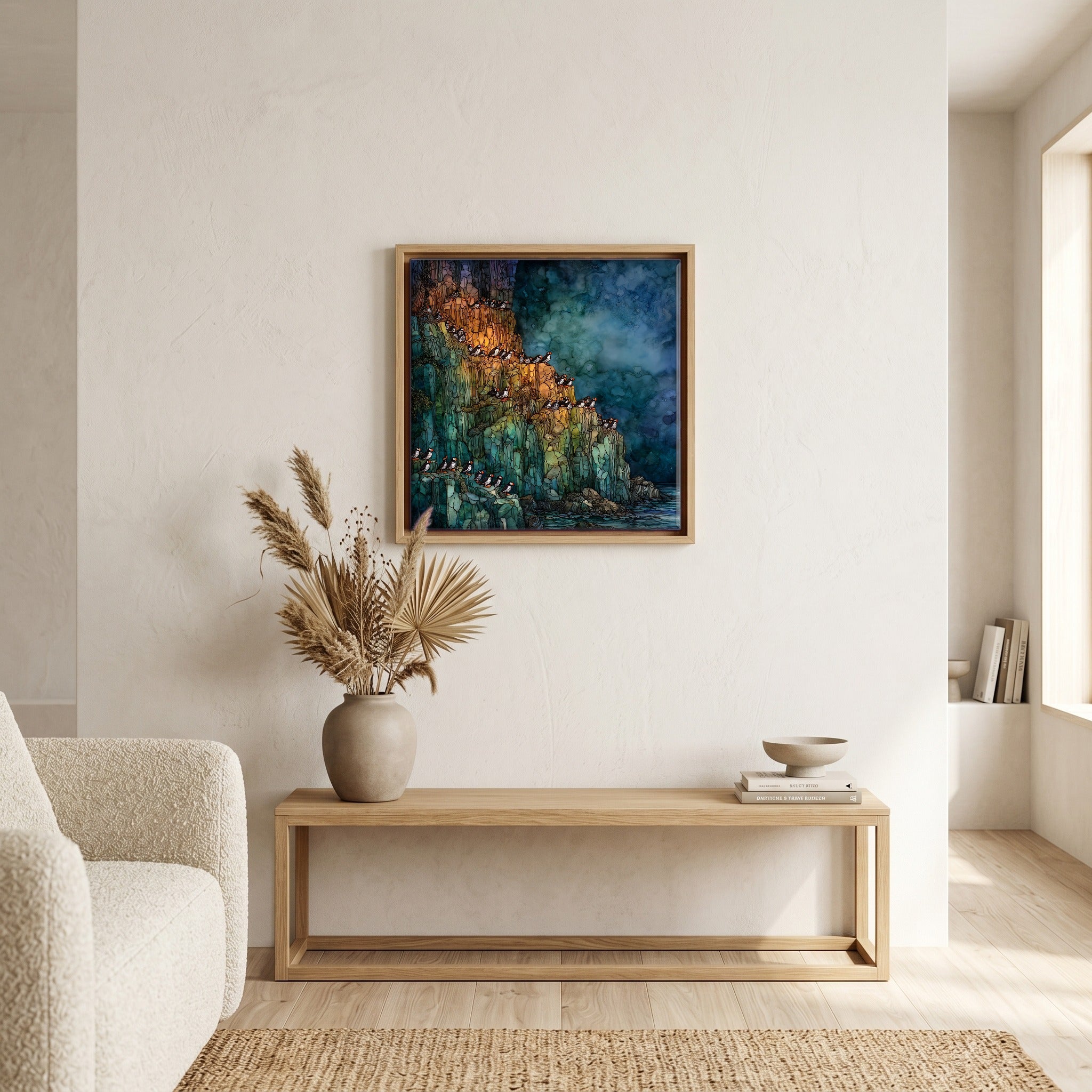 In the living room, above the sofa.