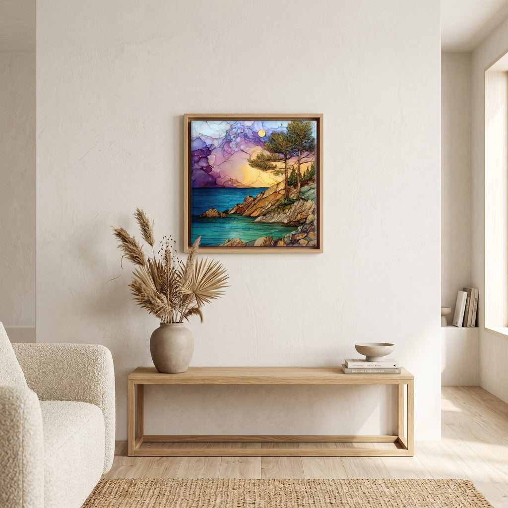 Above the bench, in a warm oak surround.