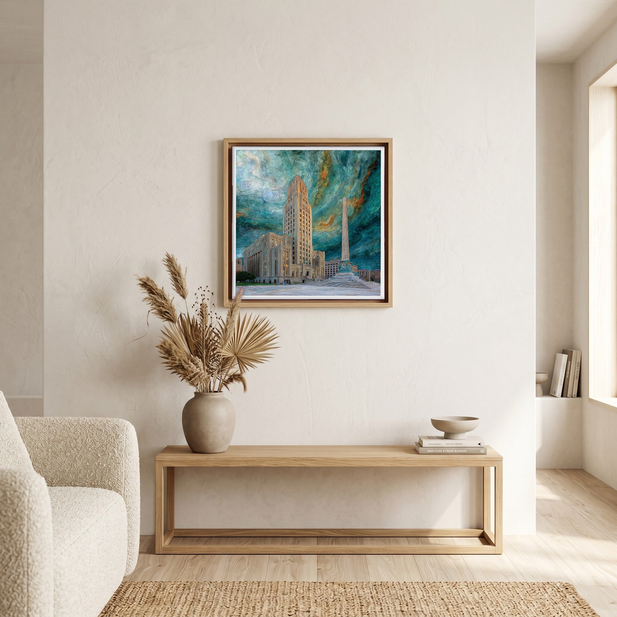 In the living room, above the sofa.