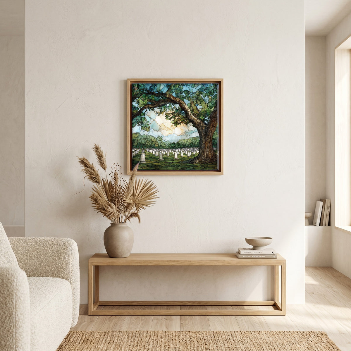 In the living room, above the sofa.
