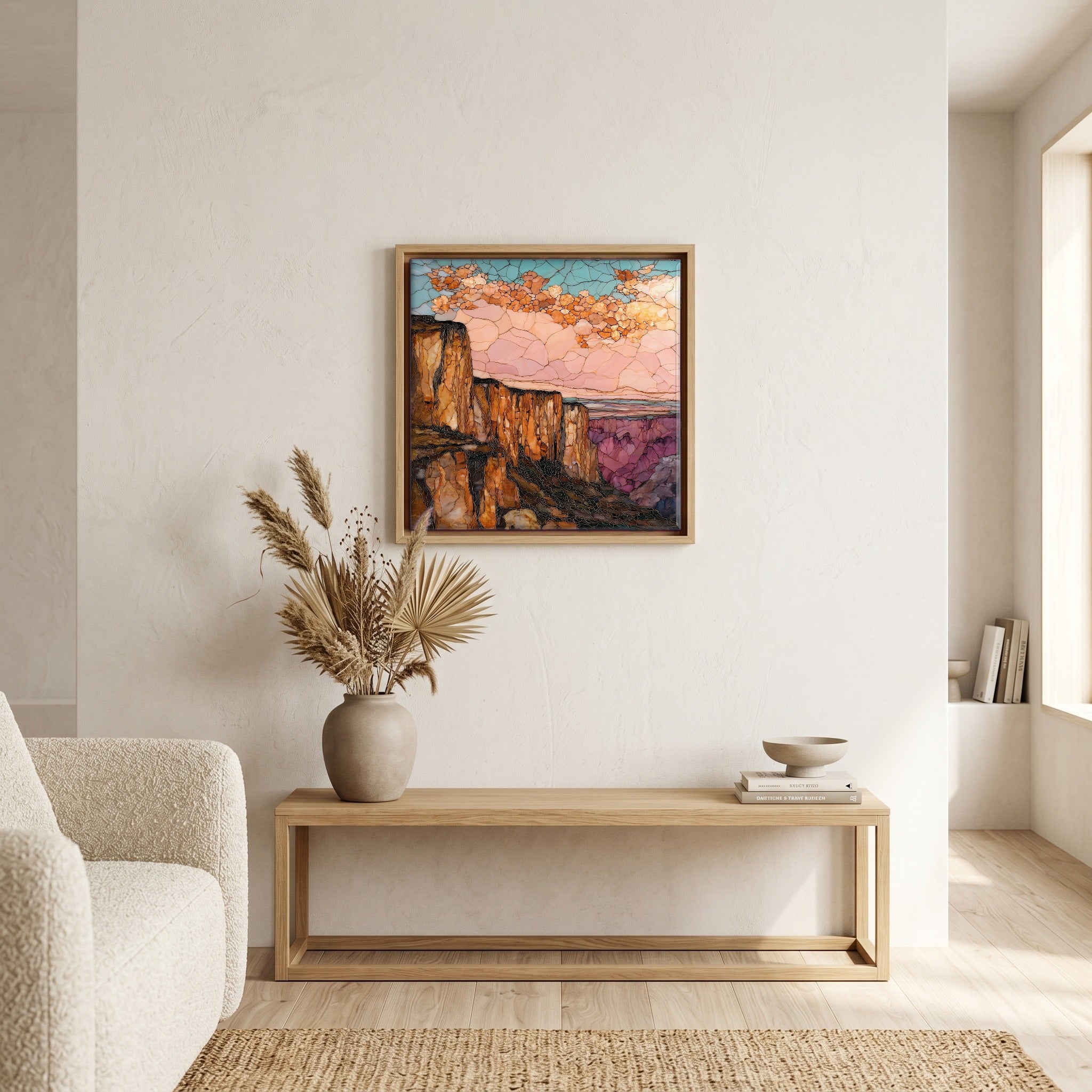 Above the bench, in a warm oak surround.