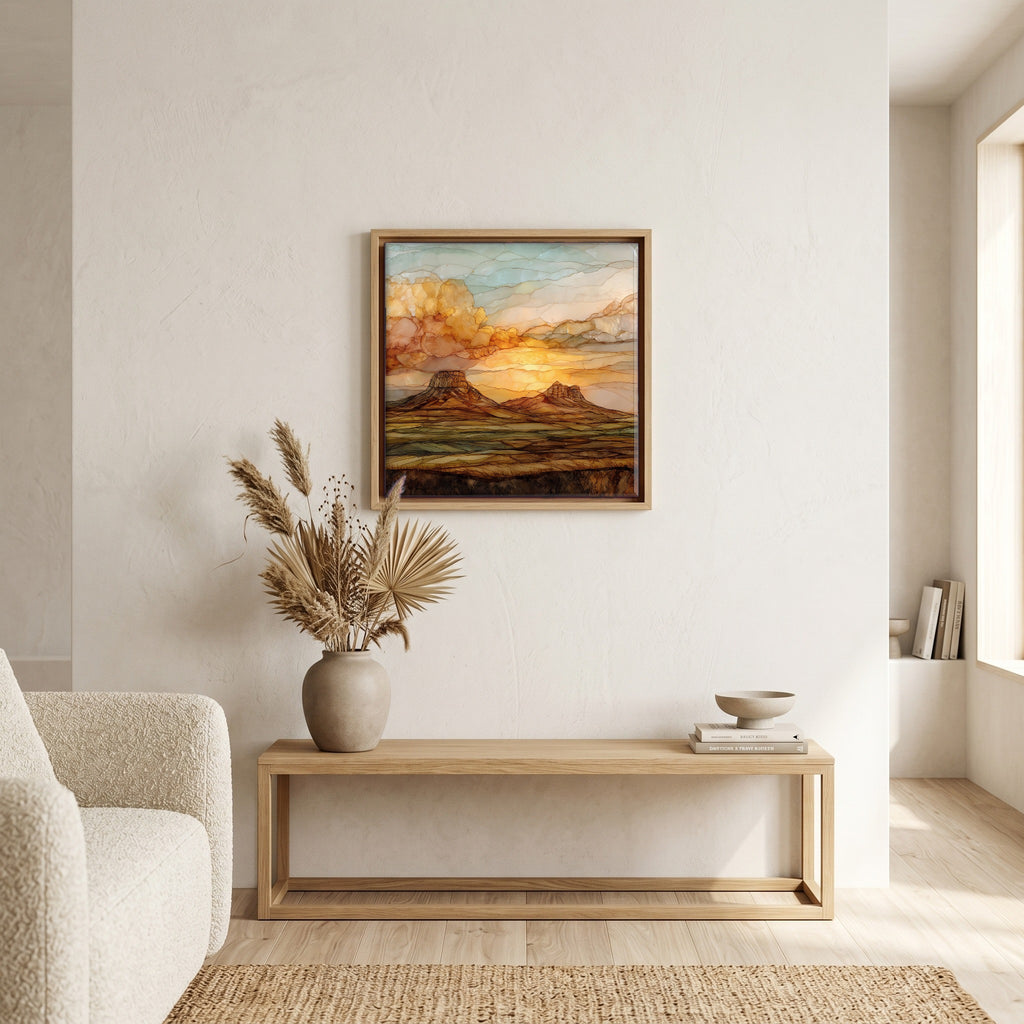 Above the bench, in a warm oak surround.