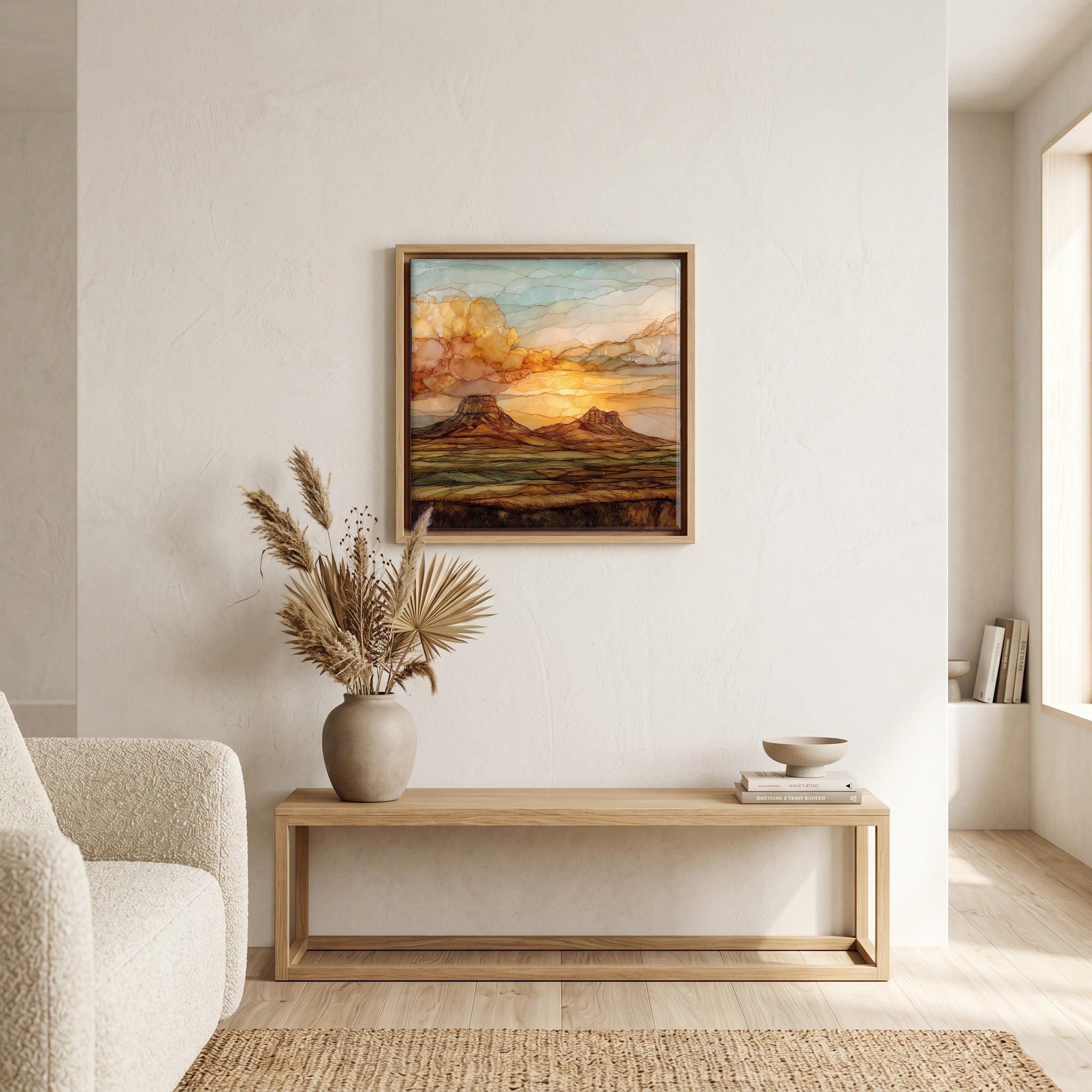 Above the bench, in a warm oak surround.