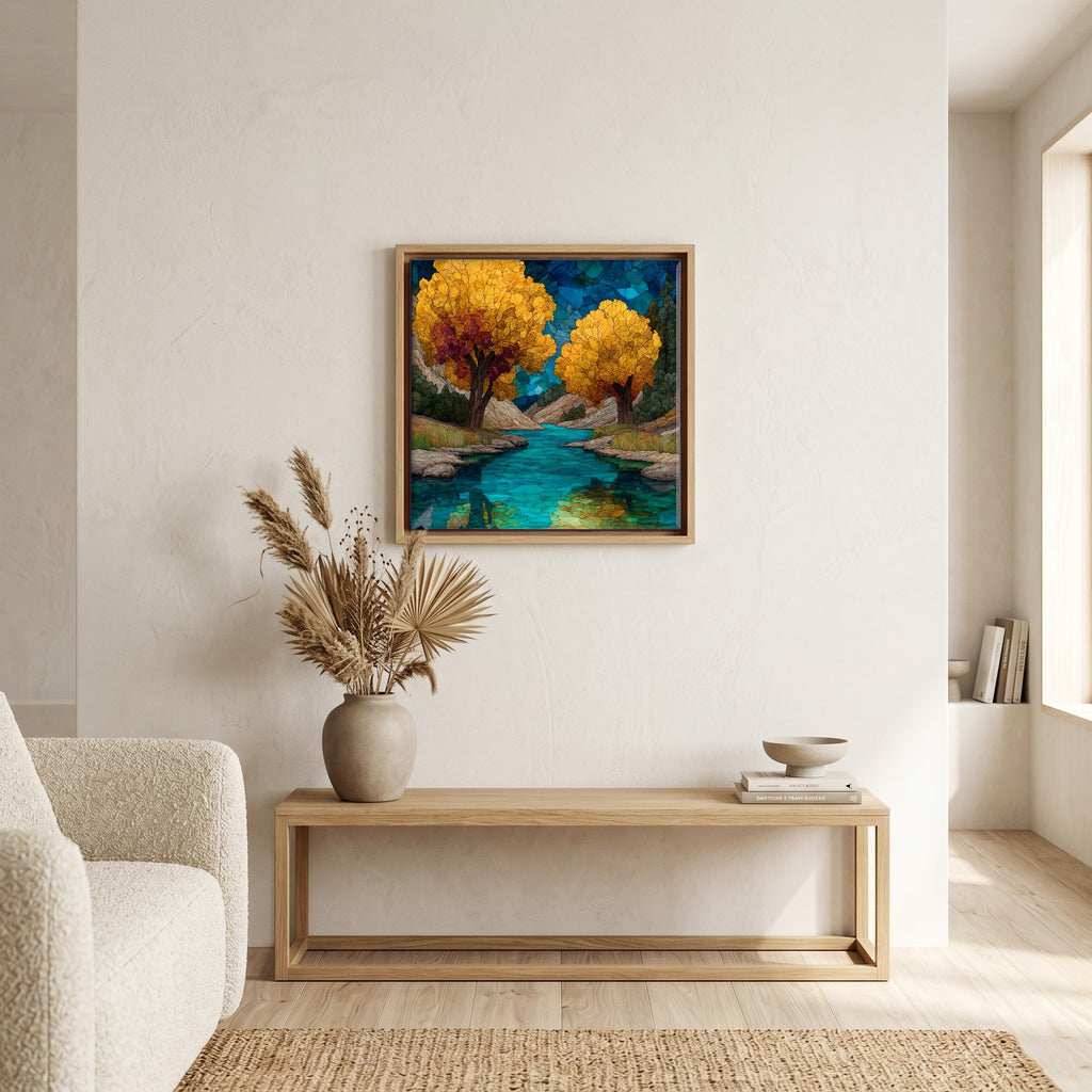 In the living room, above the sofa.