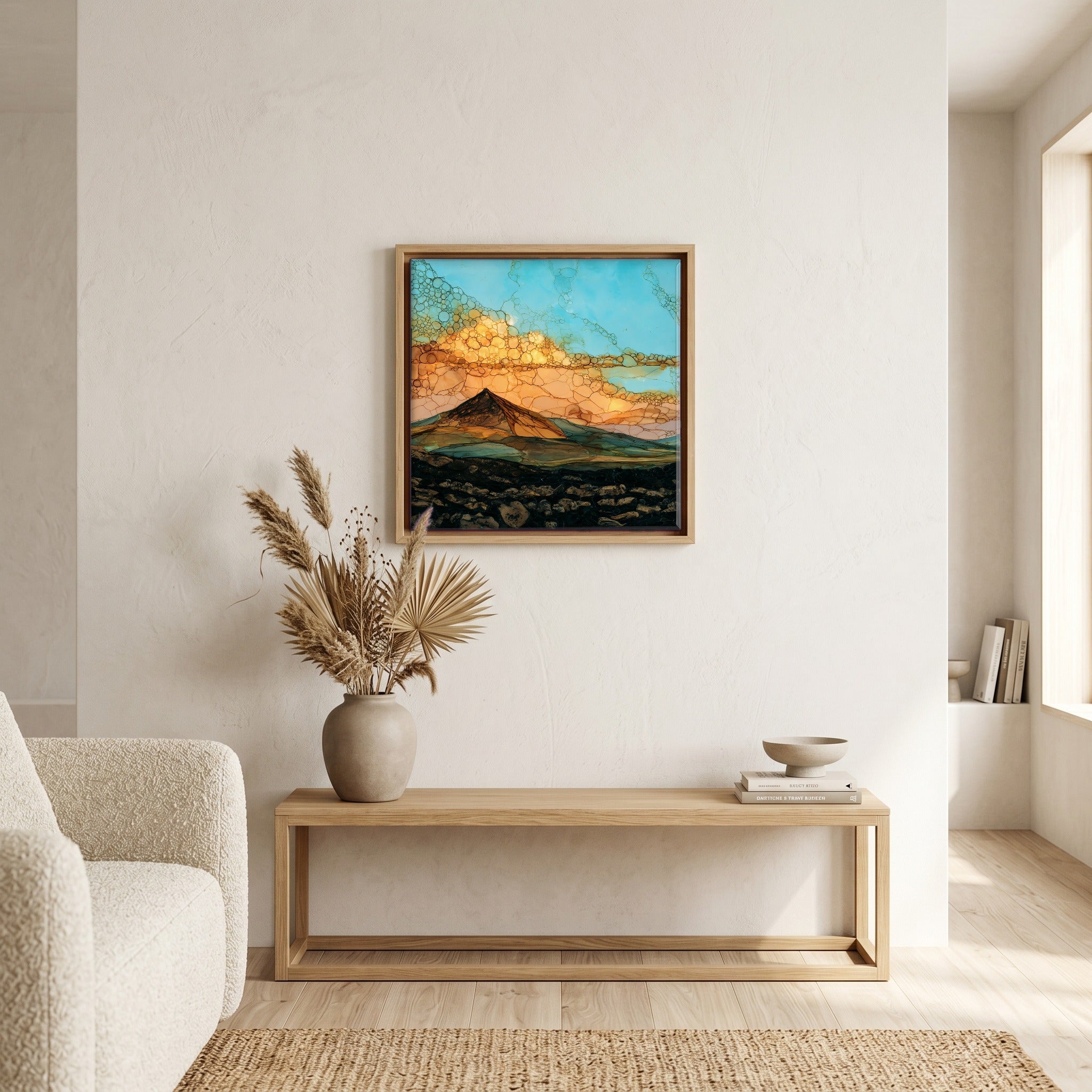 In the living room, above the sofa.