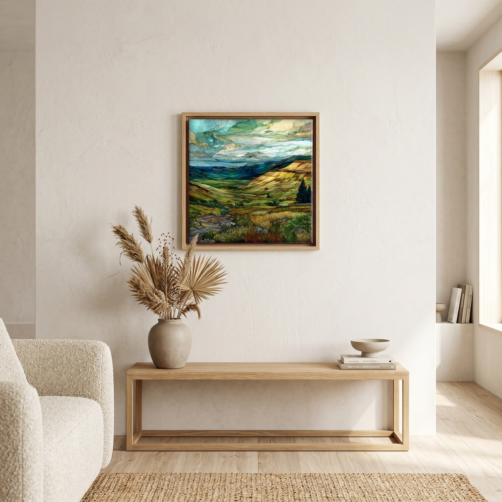 In the living room, above the sofa.