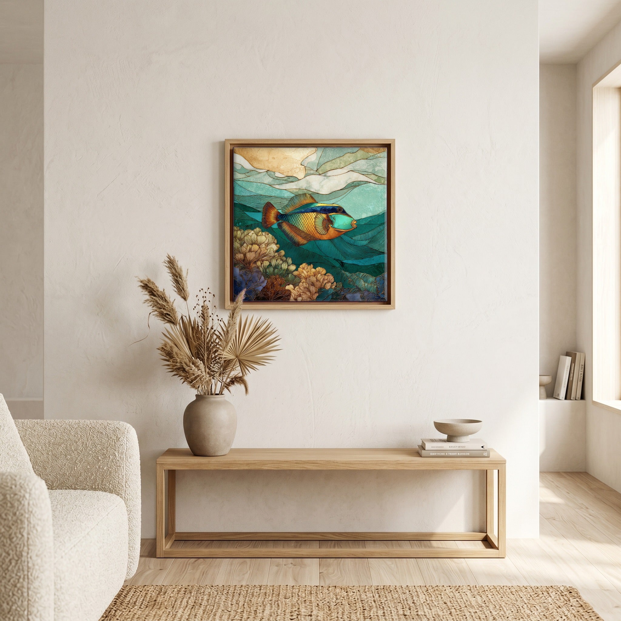 Above the bench, in a warm oak surround.