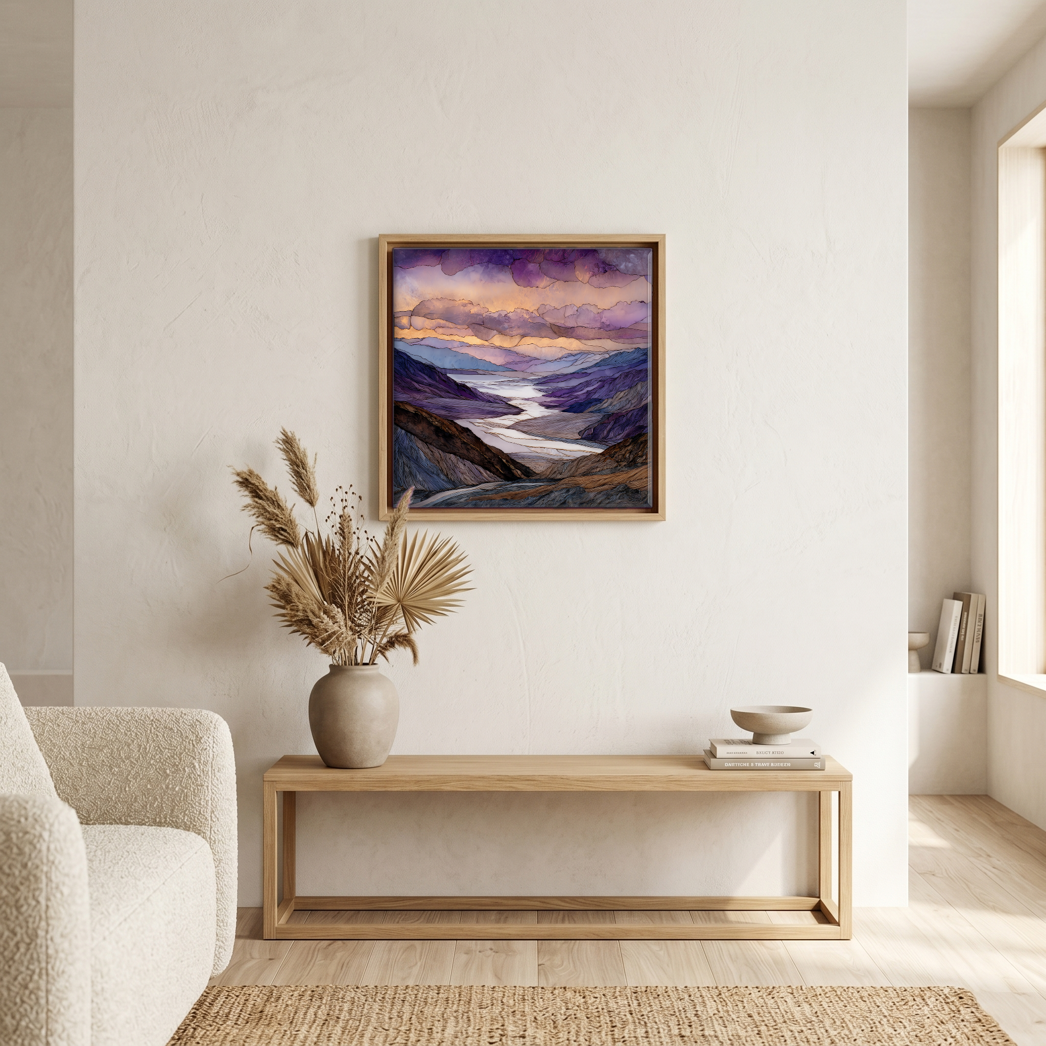 Above the bench, in a warm oak surround.