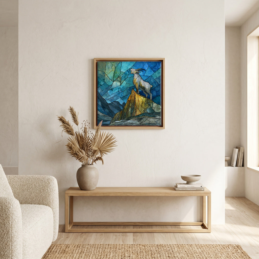 In the living room, above the sofa.