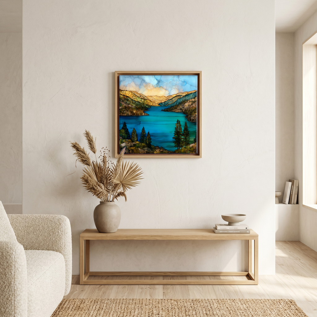 Above the bench, in a warm oak surround.