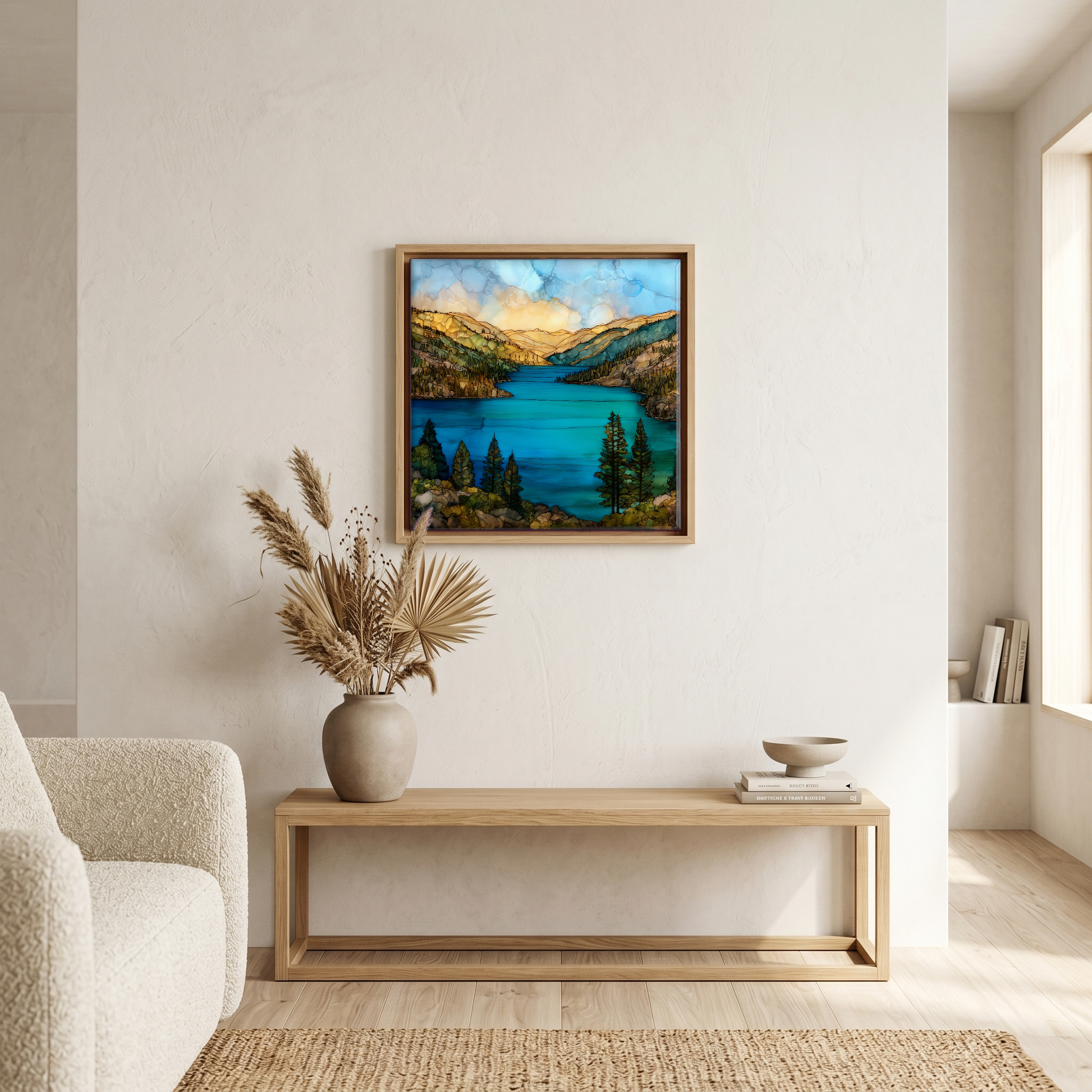 Above the bench, in a warm oak surround.