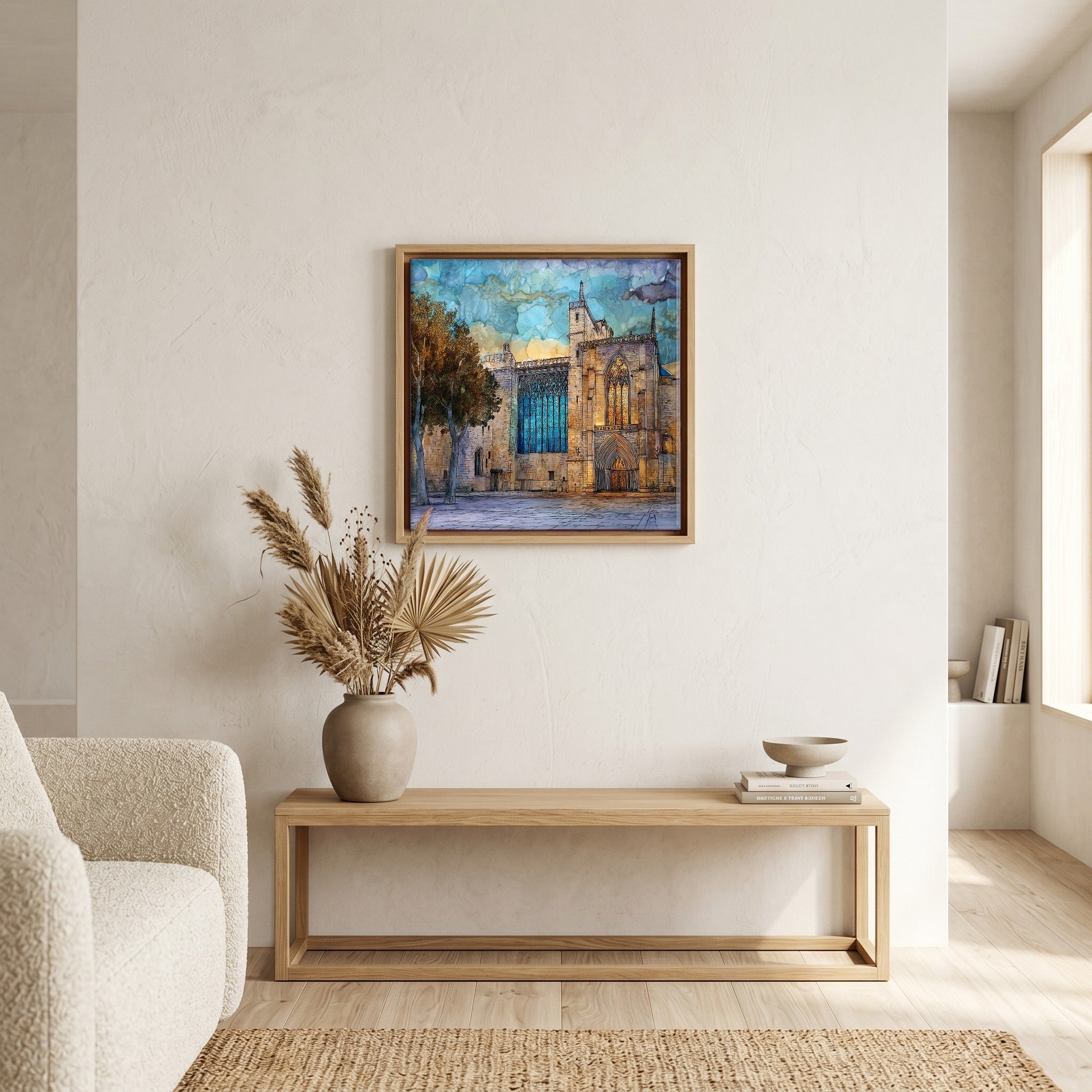 Above the bench, in a warm oak surround.