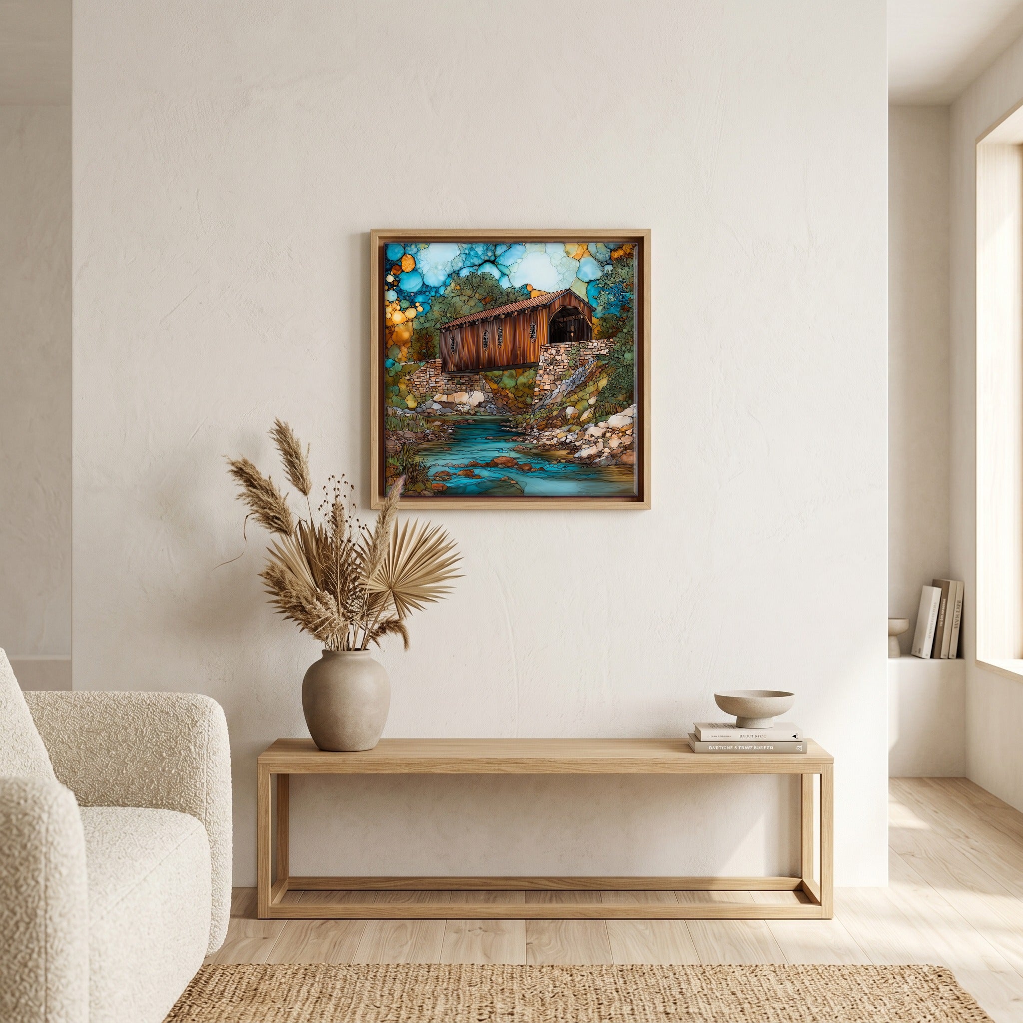 In the living room, above the sofa.