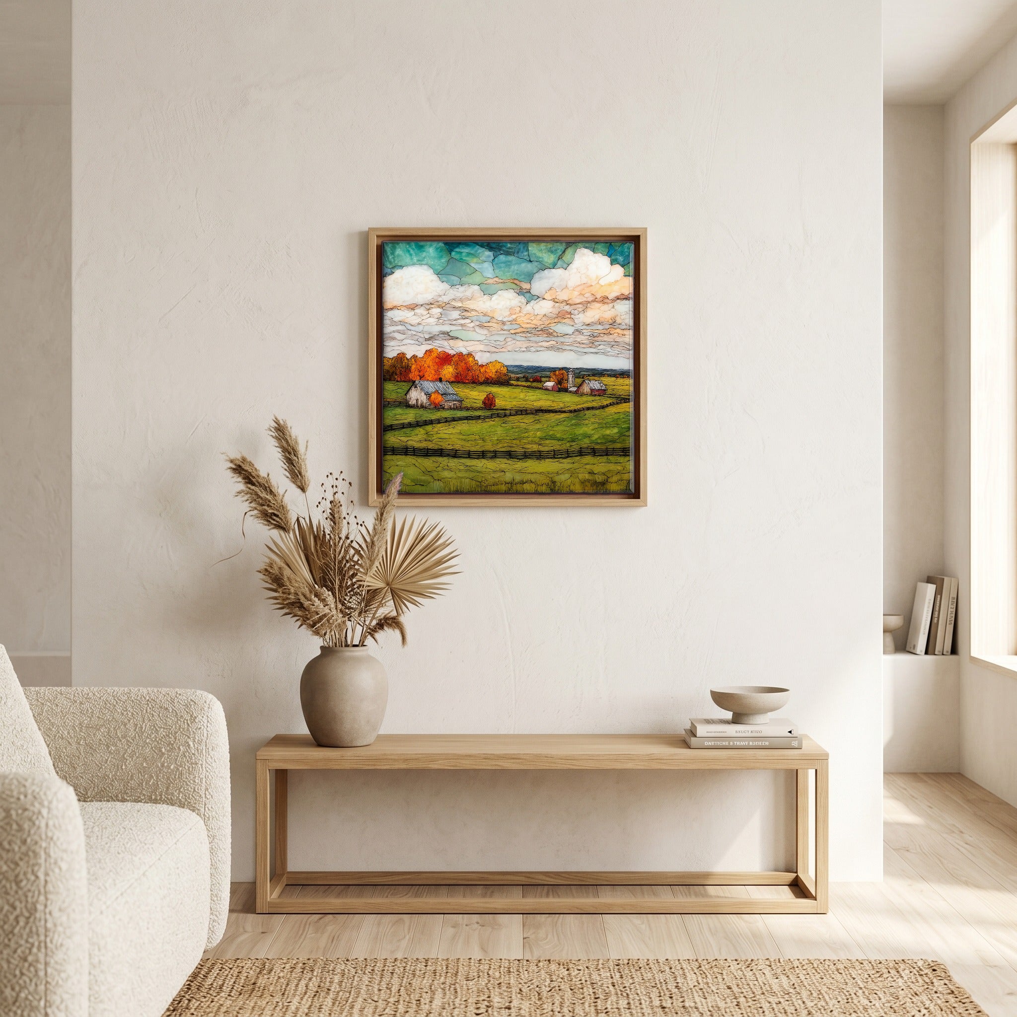 In the living room, above the sofa.