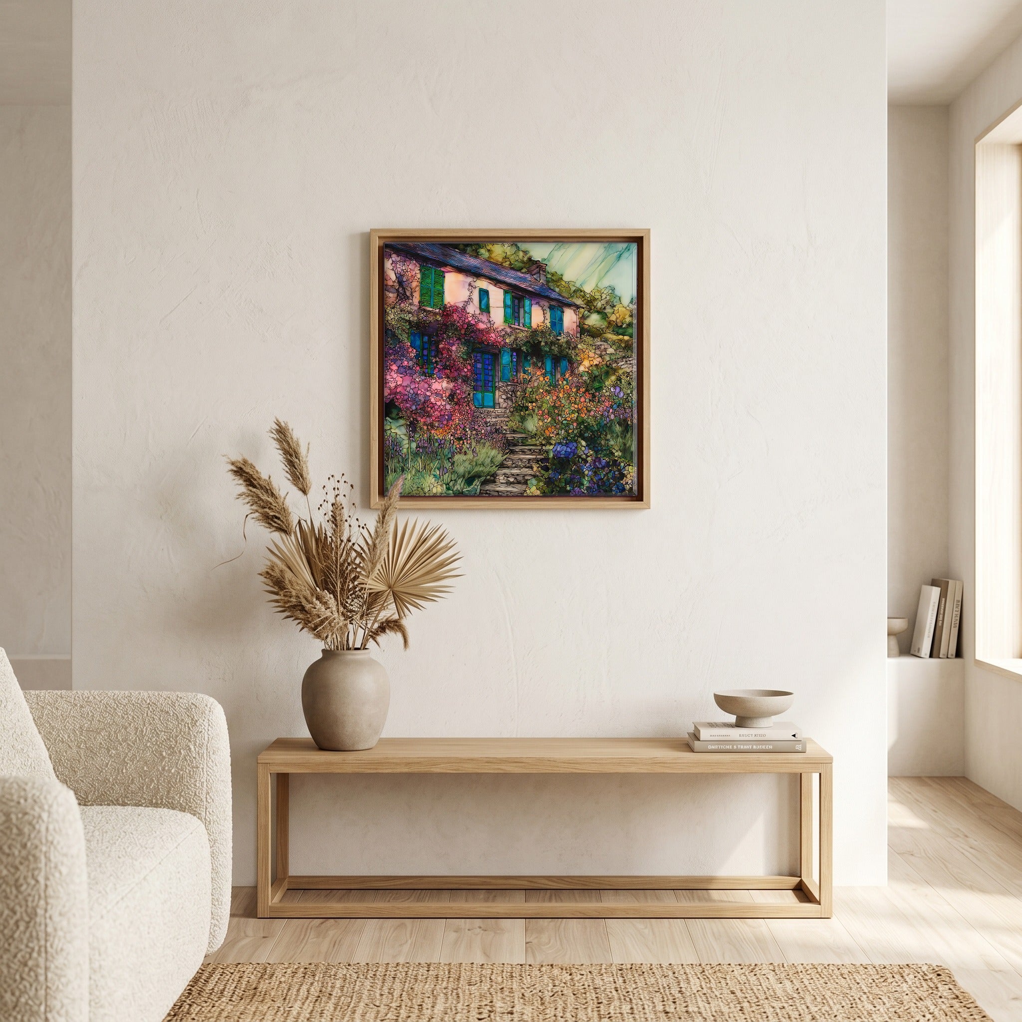 Above the bench, in a warm oak surround.