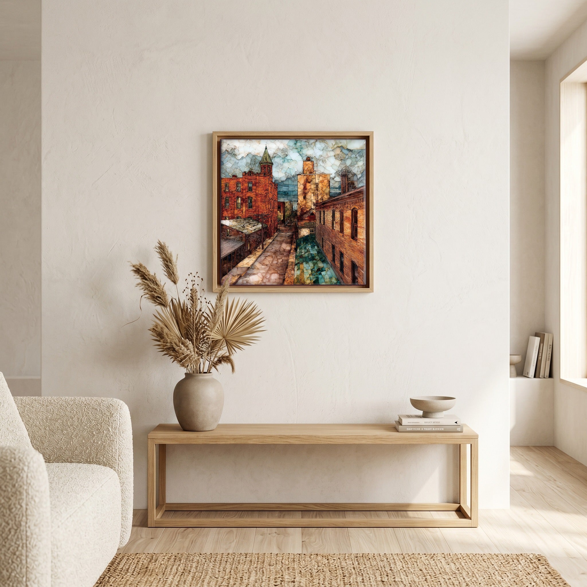 In the living room, above the sofa.