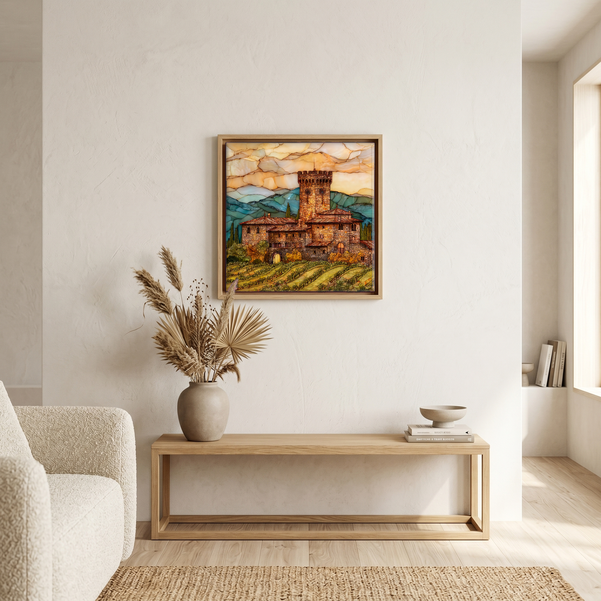Above the bench, in a warm oak surround.