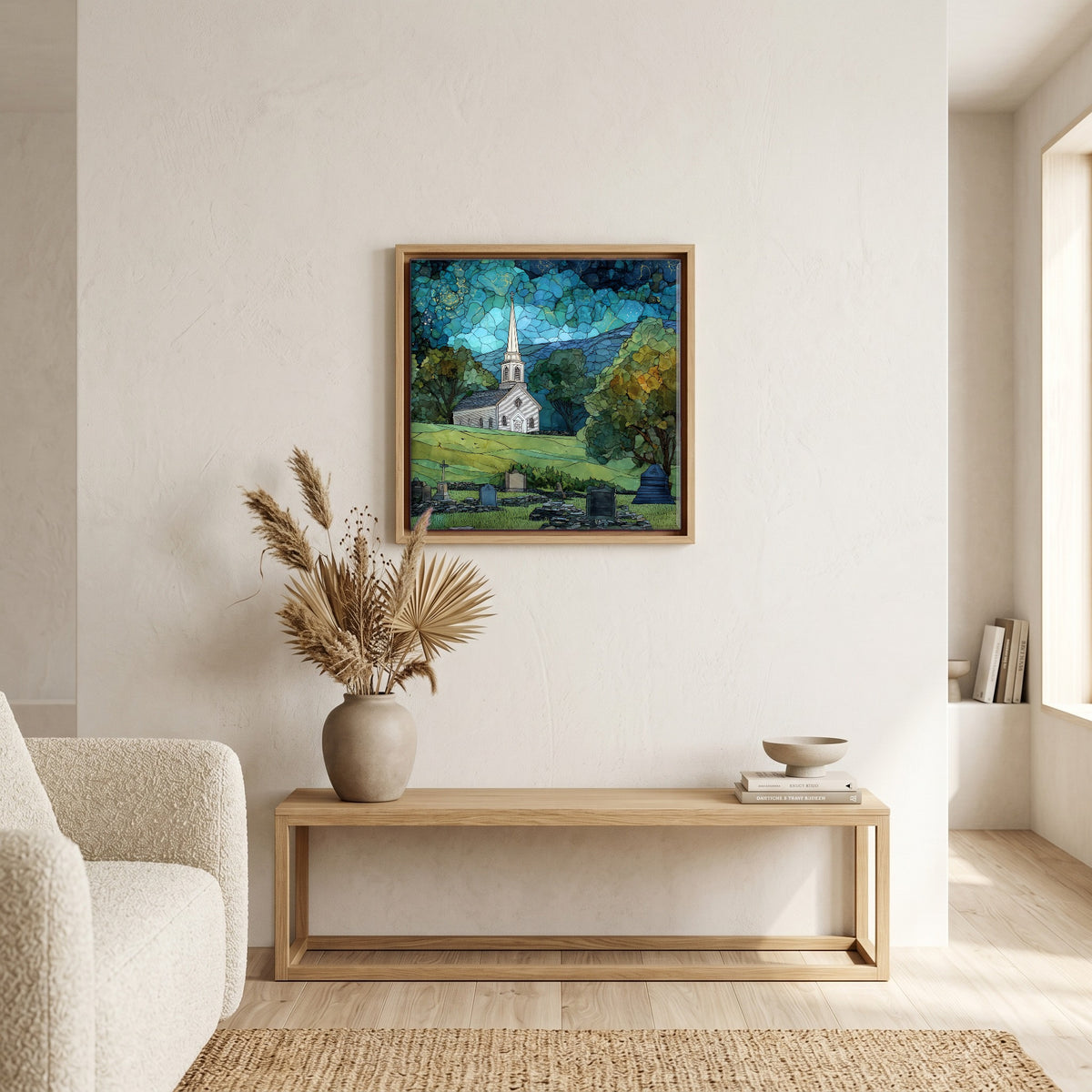 In the living room, above the sofa.