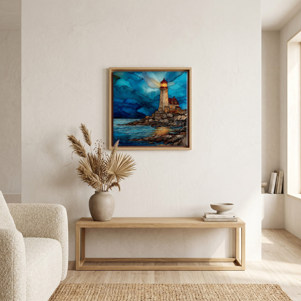 In the living room, above the sofa.