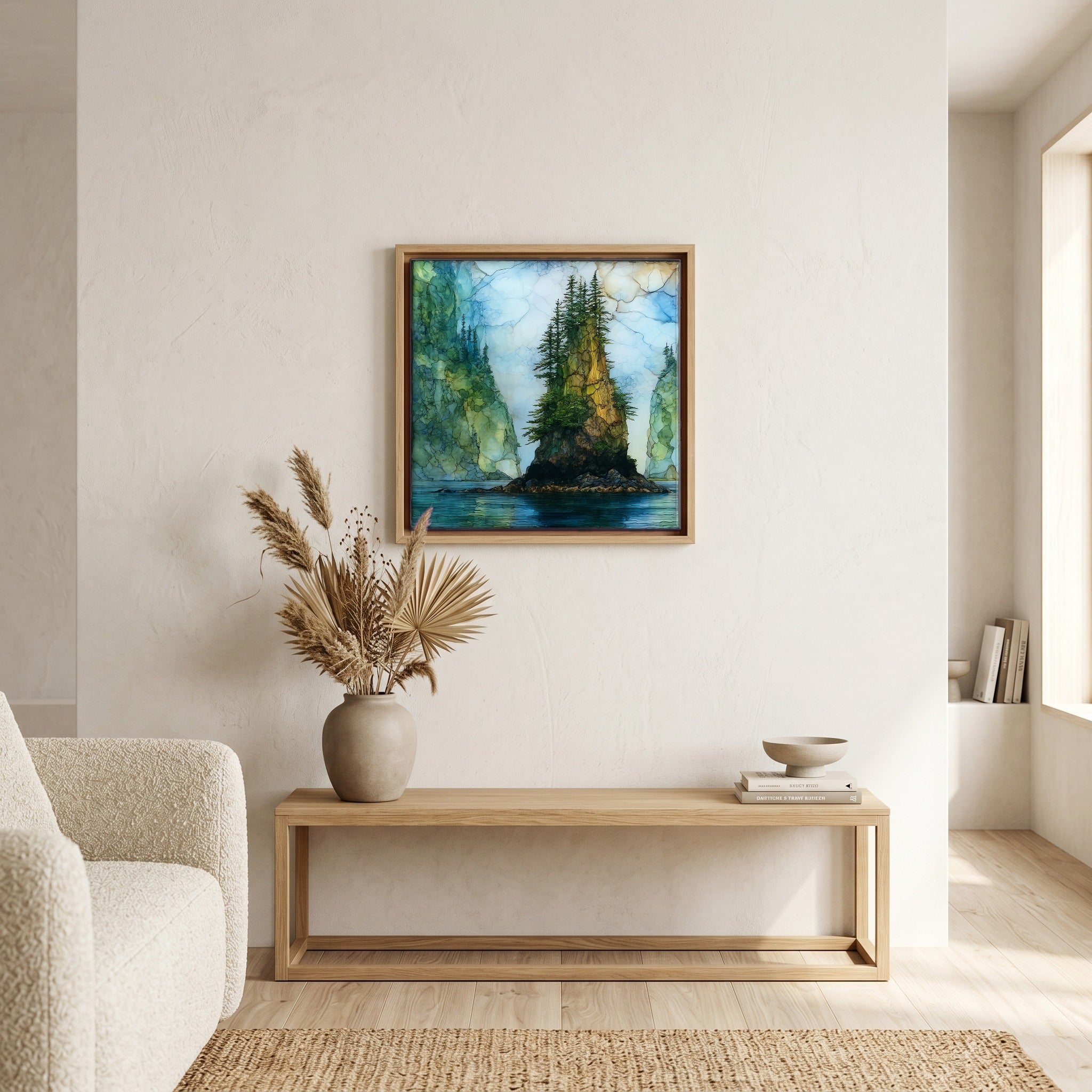 In the living room, above the sofa.