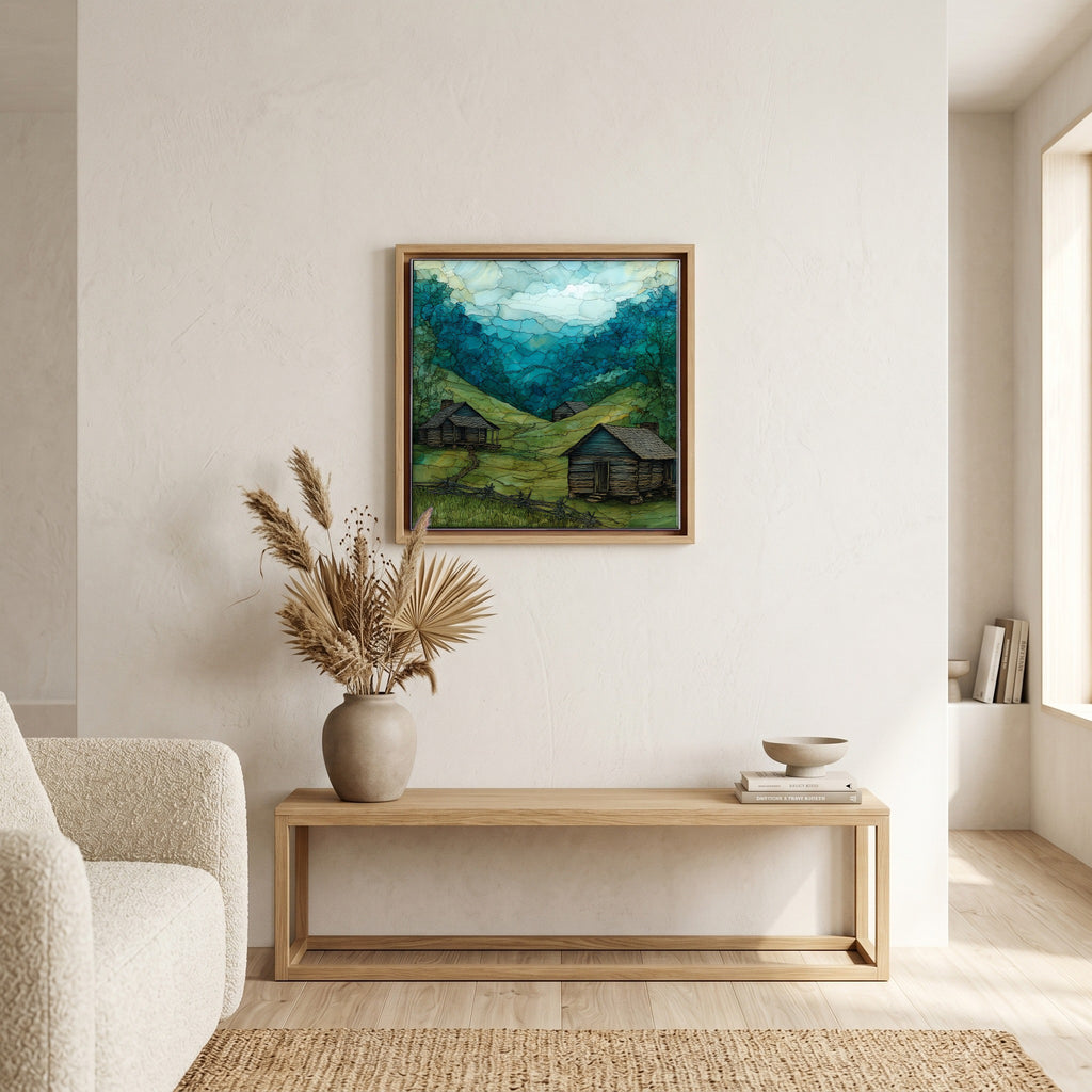 In the living room, above the sofa.